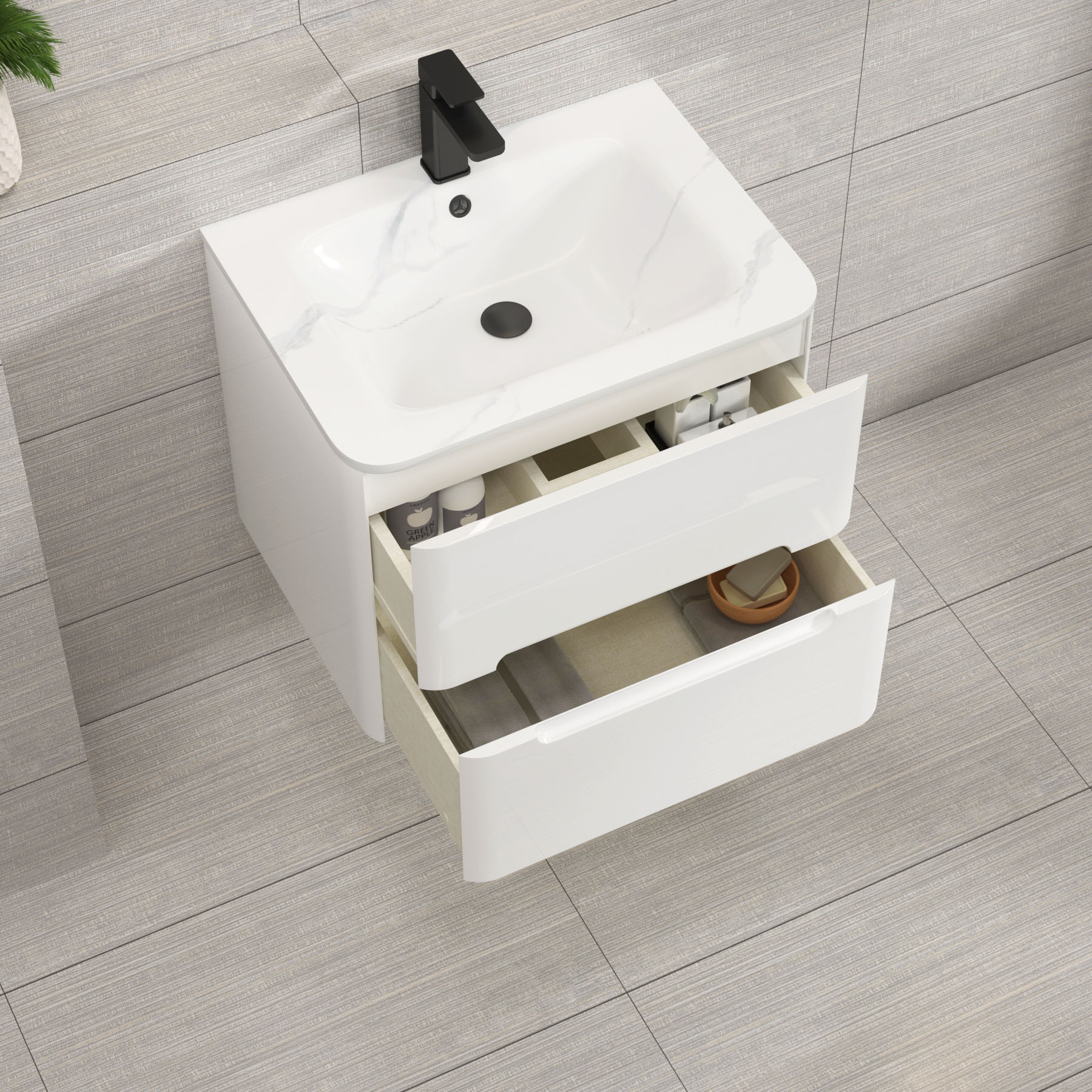 Venice Gloss White 2 Drawer Wall Hung Vanity Unit with Carrara White Basin