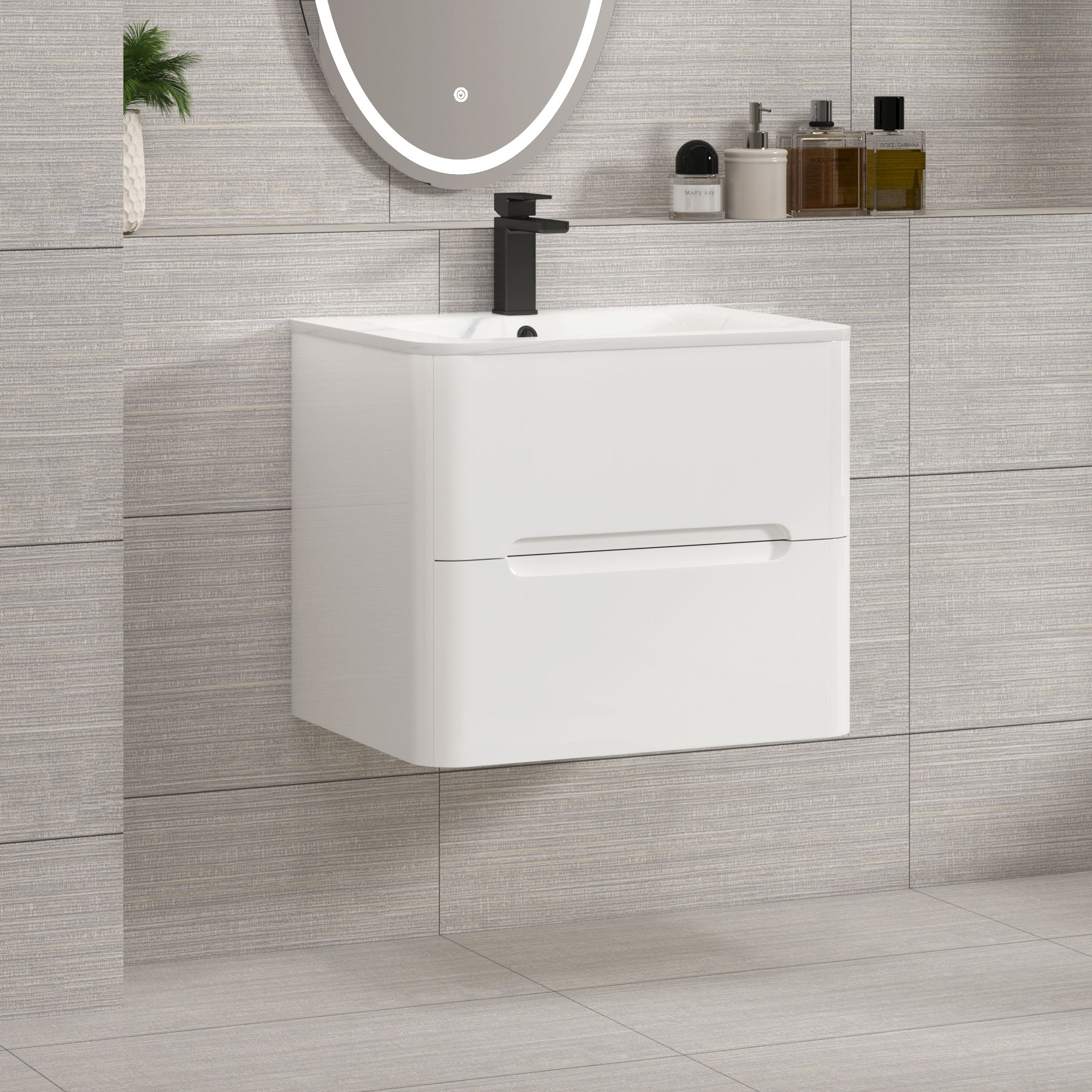 Venice Gloss White 2 Drawer Wall Hung Vanity Unit with Carrara White Basin