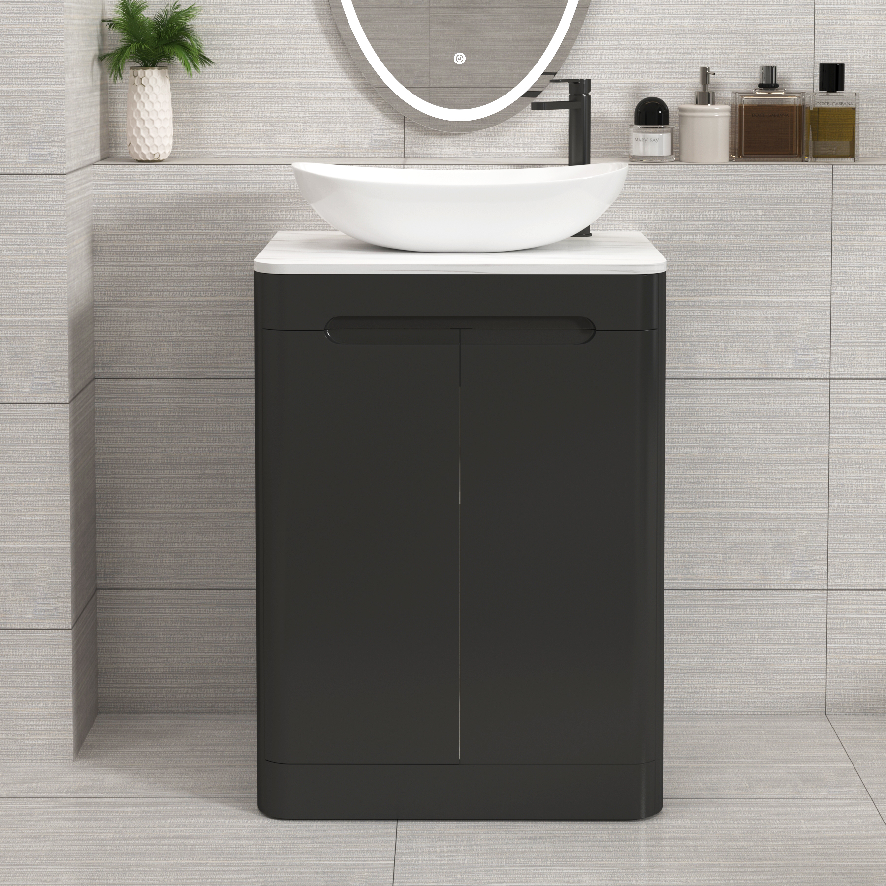Venice Matt Nocturne Black 2 Door Floor Standing Vanity Unit with Carrara White Undrilled Worktop & Various Countertop Basins