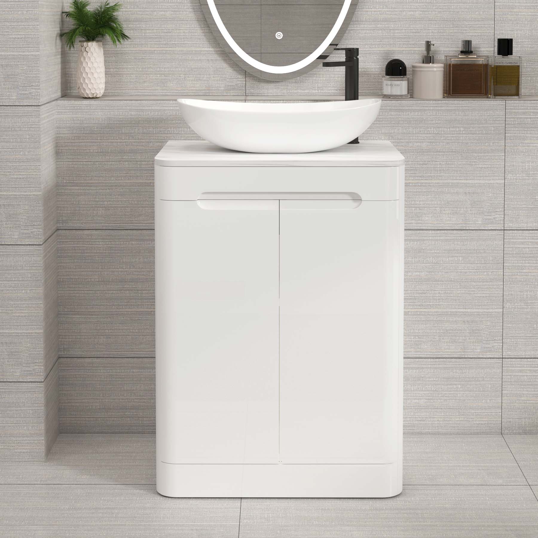 Venice Gloss White 2 Door Floor Standing Vanity Unit with Carrara White Undrilled Worktop & Various Countertop Basins