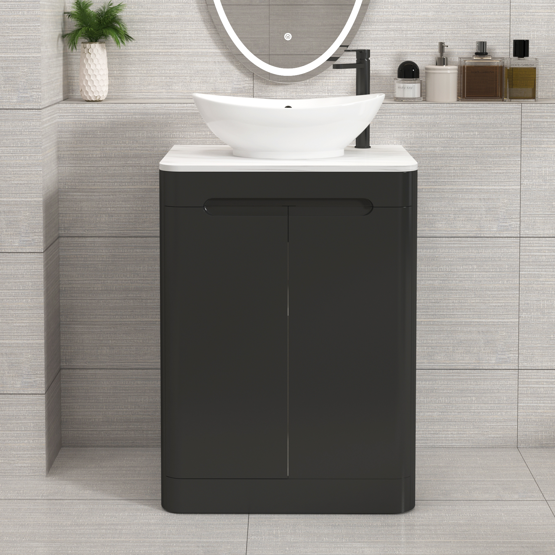 Venice Matt Nocturne Black 2 Door Floor Standing Vanity Unit with Carrara White Undrilled Worktop & Various Countertop Basins