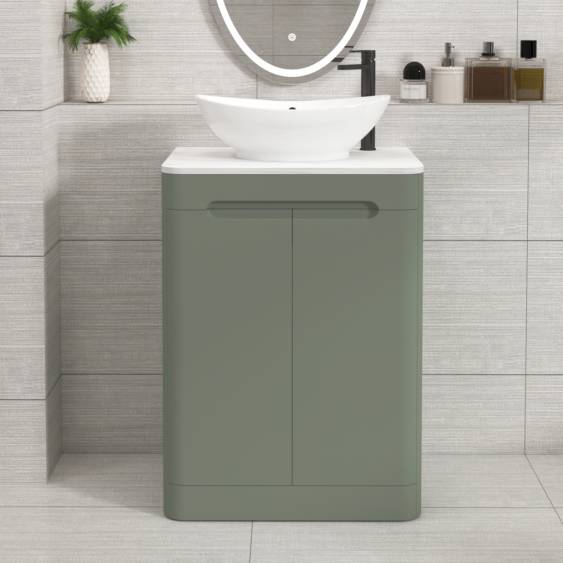 Venice Sage Green 2 Door Floor Standing Vanity Unit with Carrara White Undrilled Worktop & Various Countertop Basins