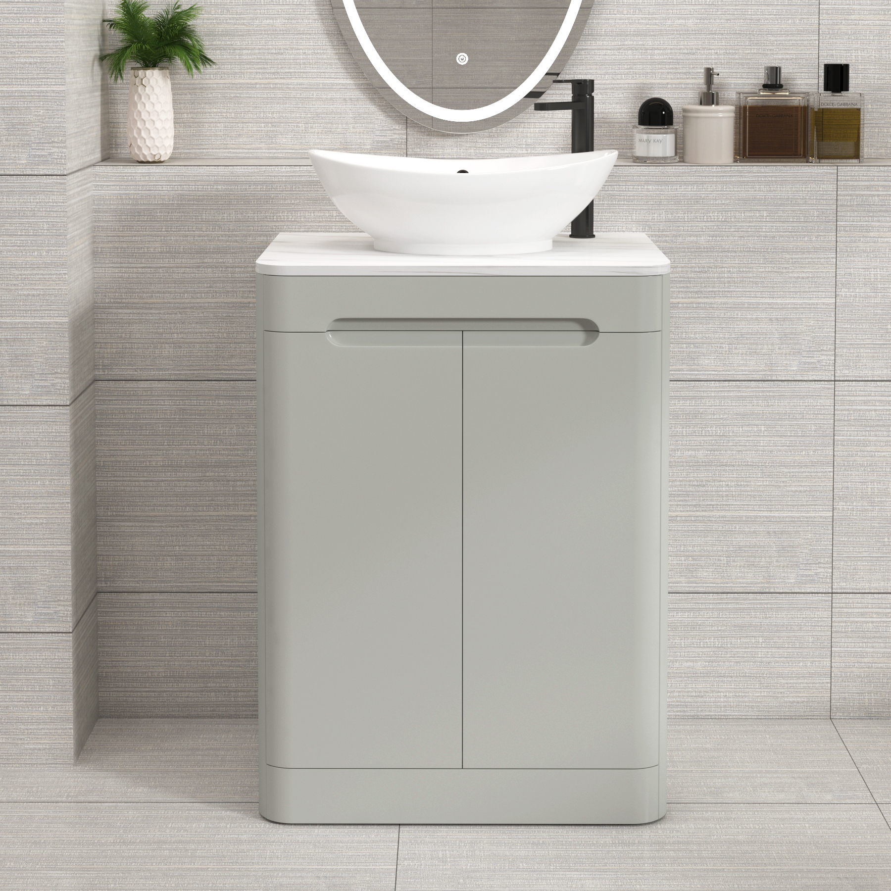 Venice Dove Grey 2 Door Floor Standing Vanity Unit with Carrara White Undrilled Worktop & Various Countertop Basins