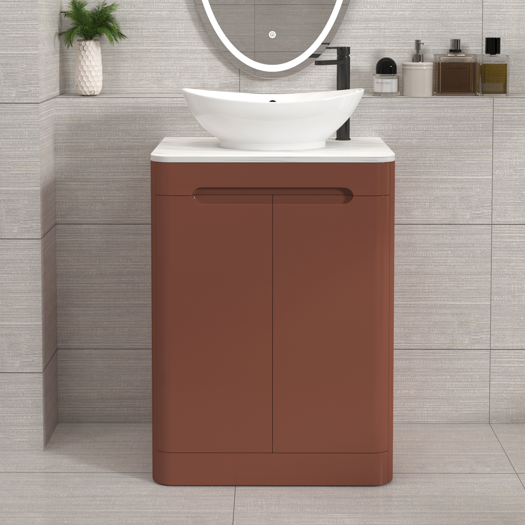 Venice Terracotta Clay 2 Door Floor Standing Vanity Unit with Carrara White Undrilled Worktop & Various Countertop Basins