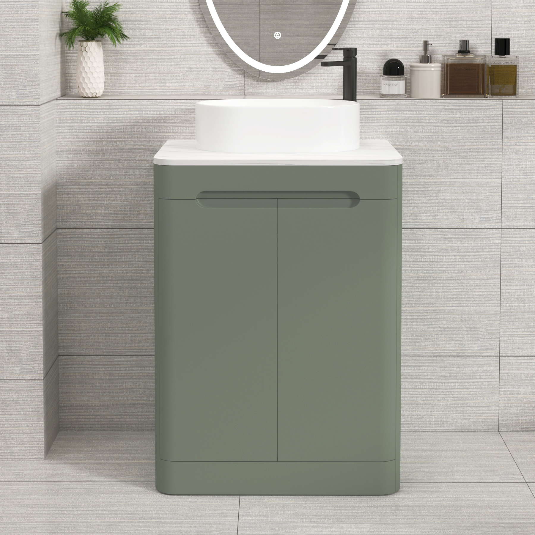 Venice Sage Green 2 Door Floor Standing Vanity Unit with Carrara White Undrilled Worktop & Various Countertop Basins