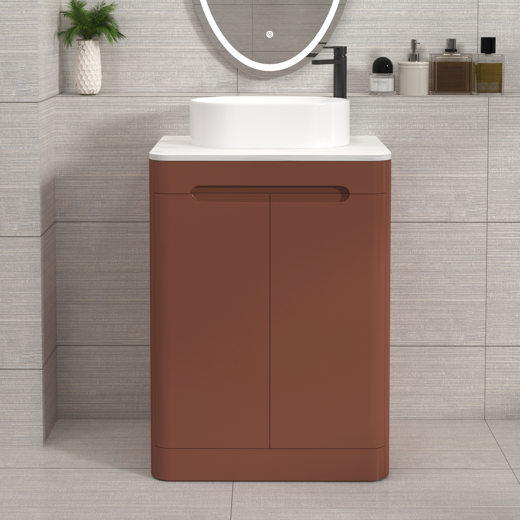 Venice Terracotta Clay 2 Door Floor Standing Vanity Unit with Carrara White Undrilled Worktop & Various Countertop Basins
