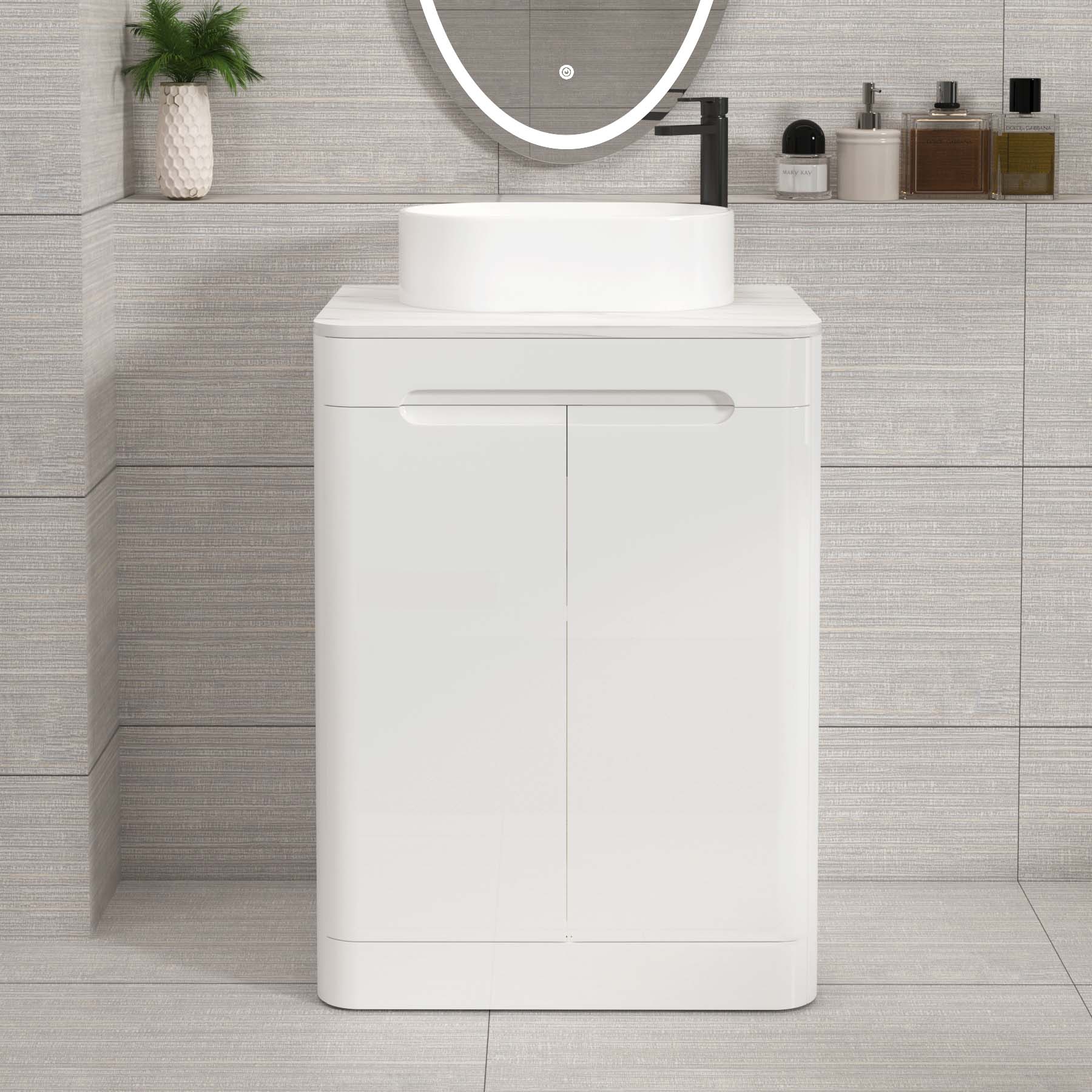 Venice Gloss White 2 Door Floor Standing Vanity Unit with Carrara White Undrilled Worktop & Various Countertop Basins