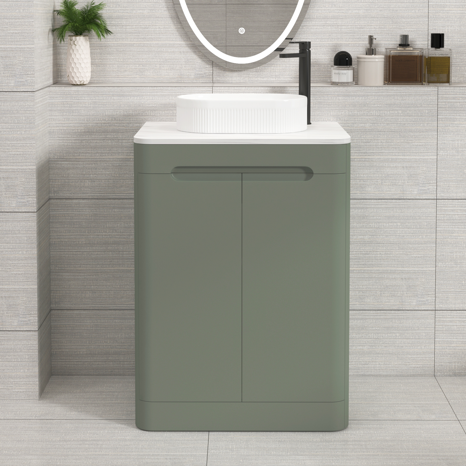 Venice Sage Green 2 Door Floor Standing Vanity Unit with Carrara White Undrilled Worktop & Various Countertop Basins