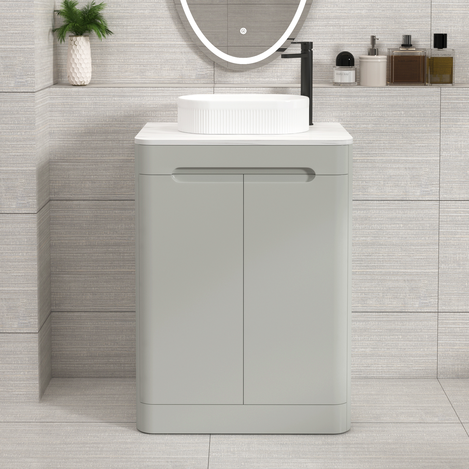Venice Dove Grey 2 Door Floor Standing Vanity Unit with Carrara White Undrilled Worktop & Various Countertop Basins
