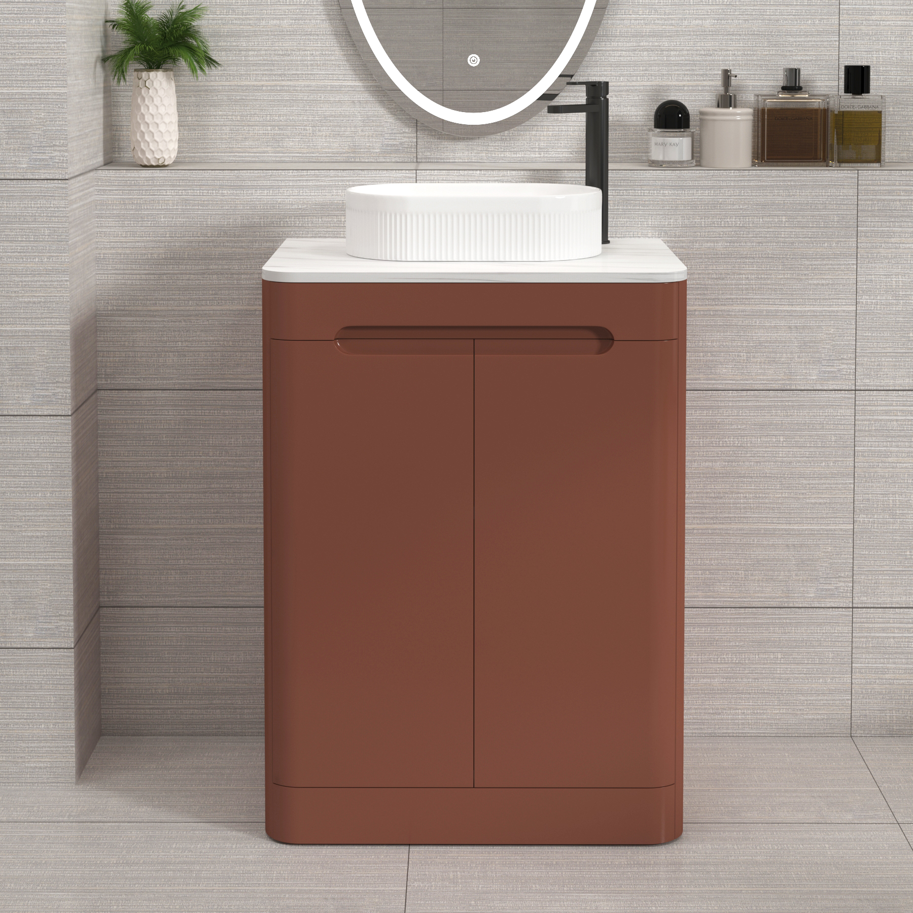 Venice Terracotta Clay 2 Door Floor Standing Vanity Unit with Carrara White Undrilled Worktop & Various Countertop Basins