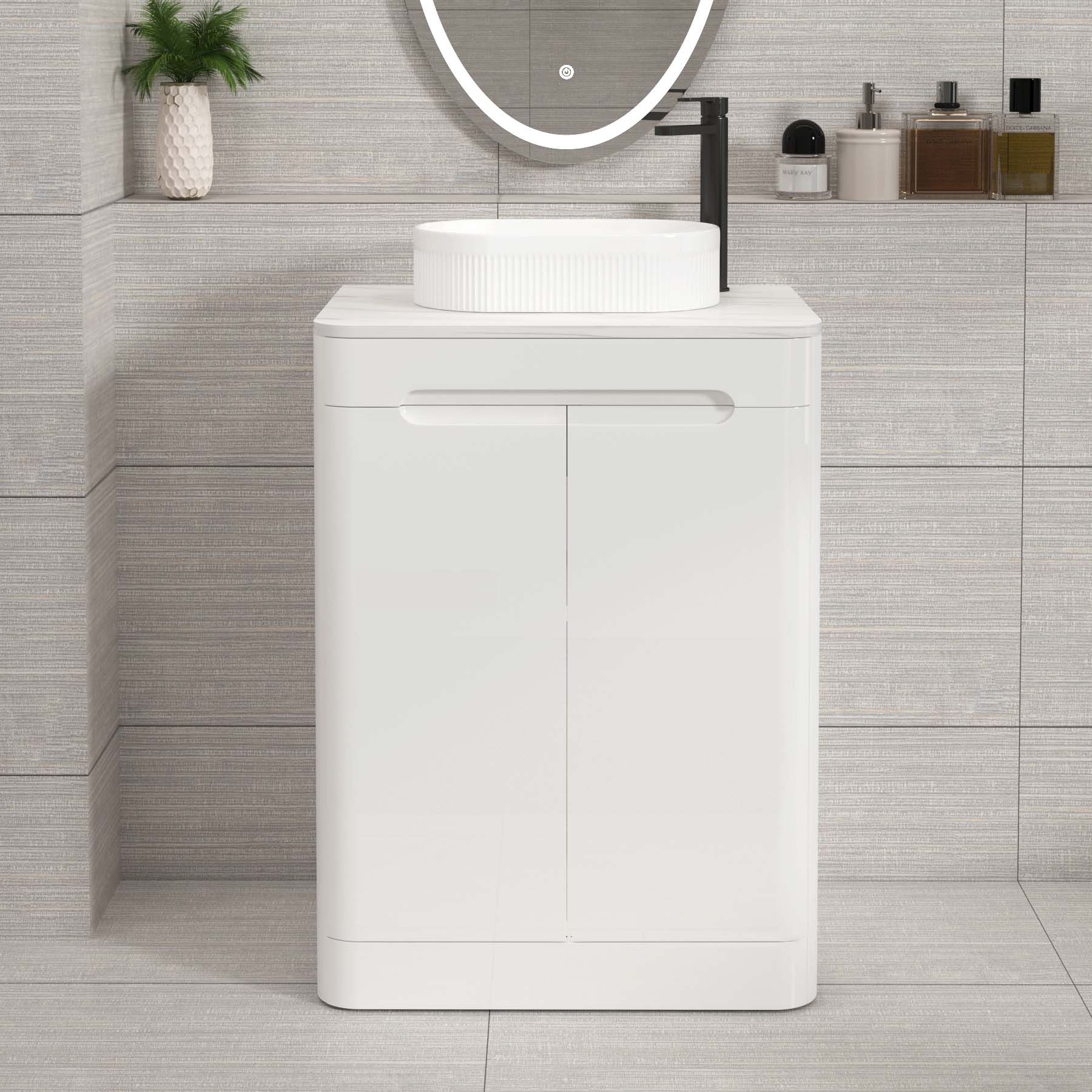 Venice Gloss White 2 Door Floor Standing Vanity Unit with Carrara White Undrilled Worktop & Various Countertop Basins