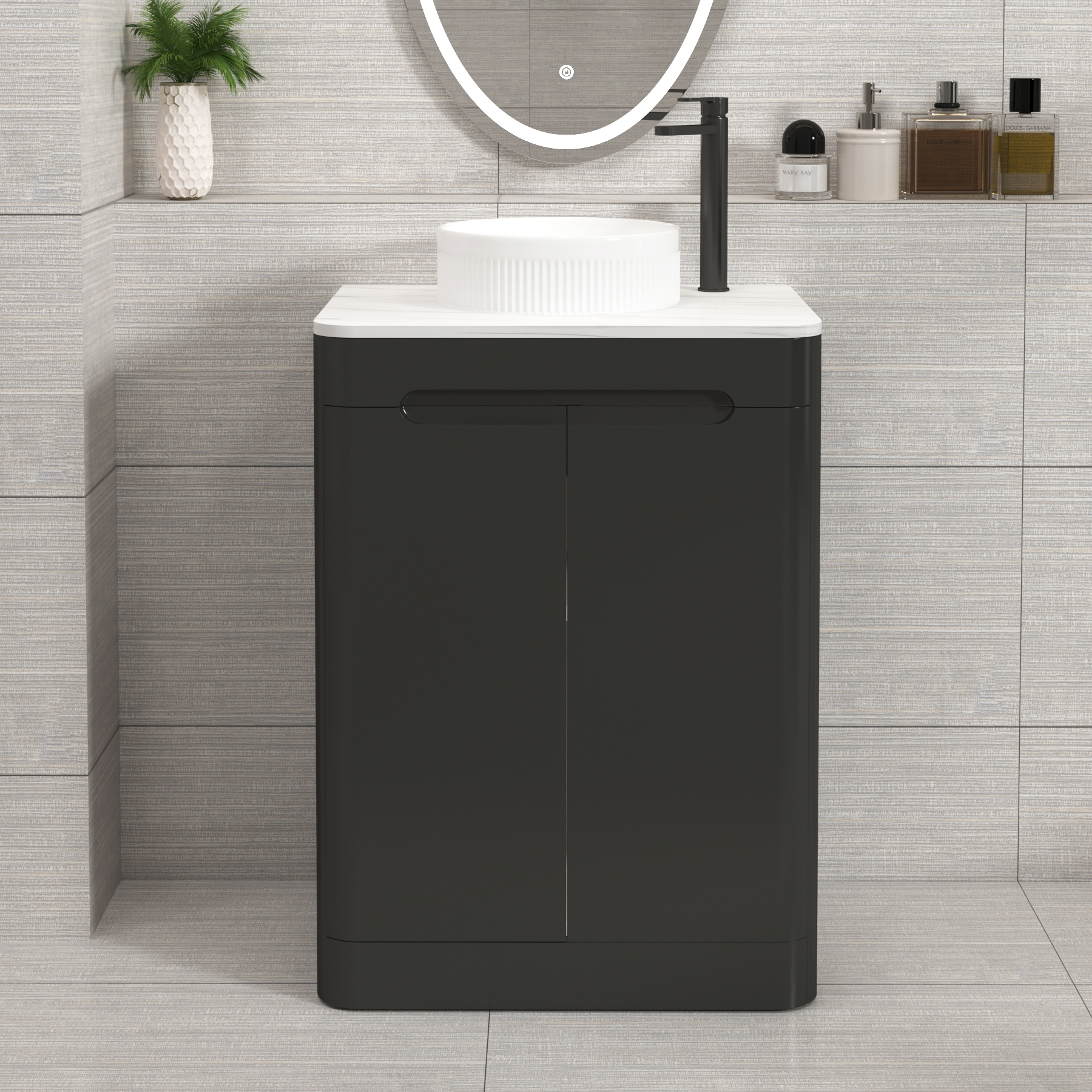 Venice Matt Nocturne Black 2 Door Floor Standing Vanity Unit with Carrara White Undrilled Worktop & Various Countertop Basins