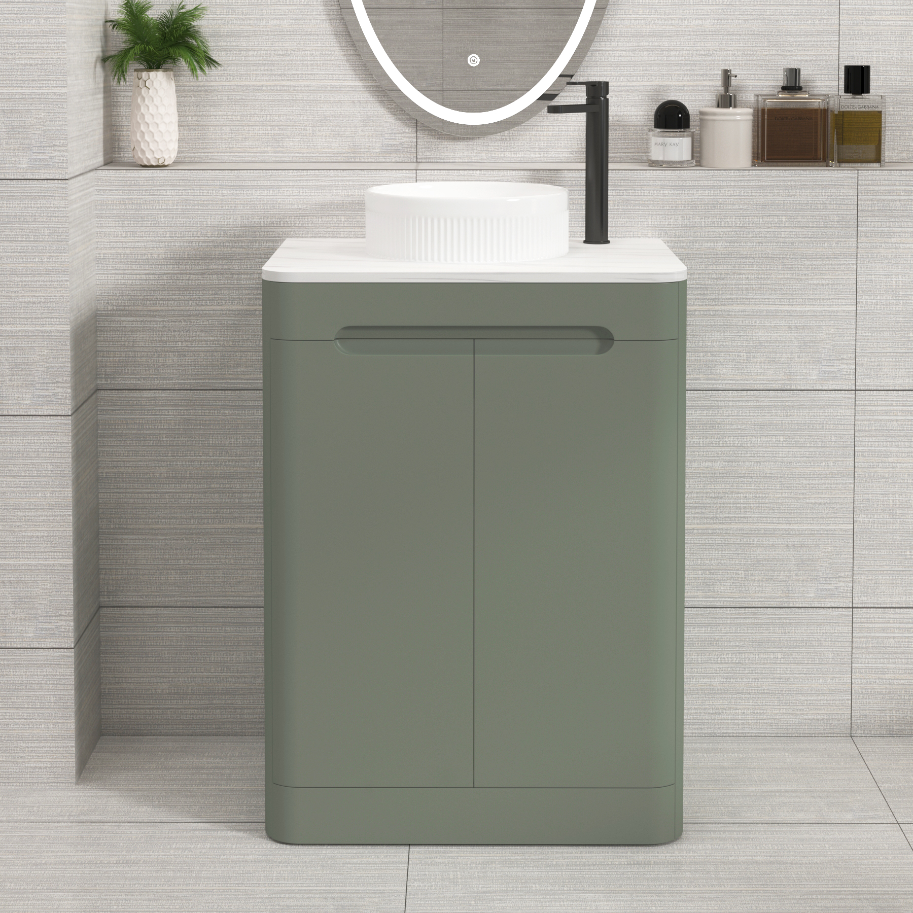 Venice Sage Green 2 Door Floor Standing Vanity Unit with Carrara White Undrilled Worktop & Various Countertop Basins