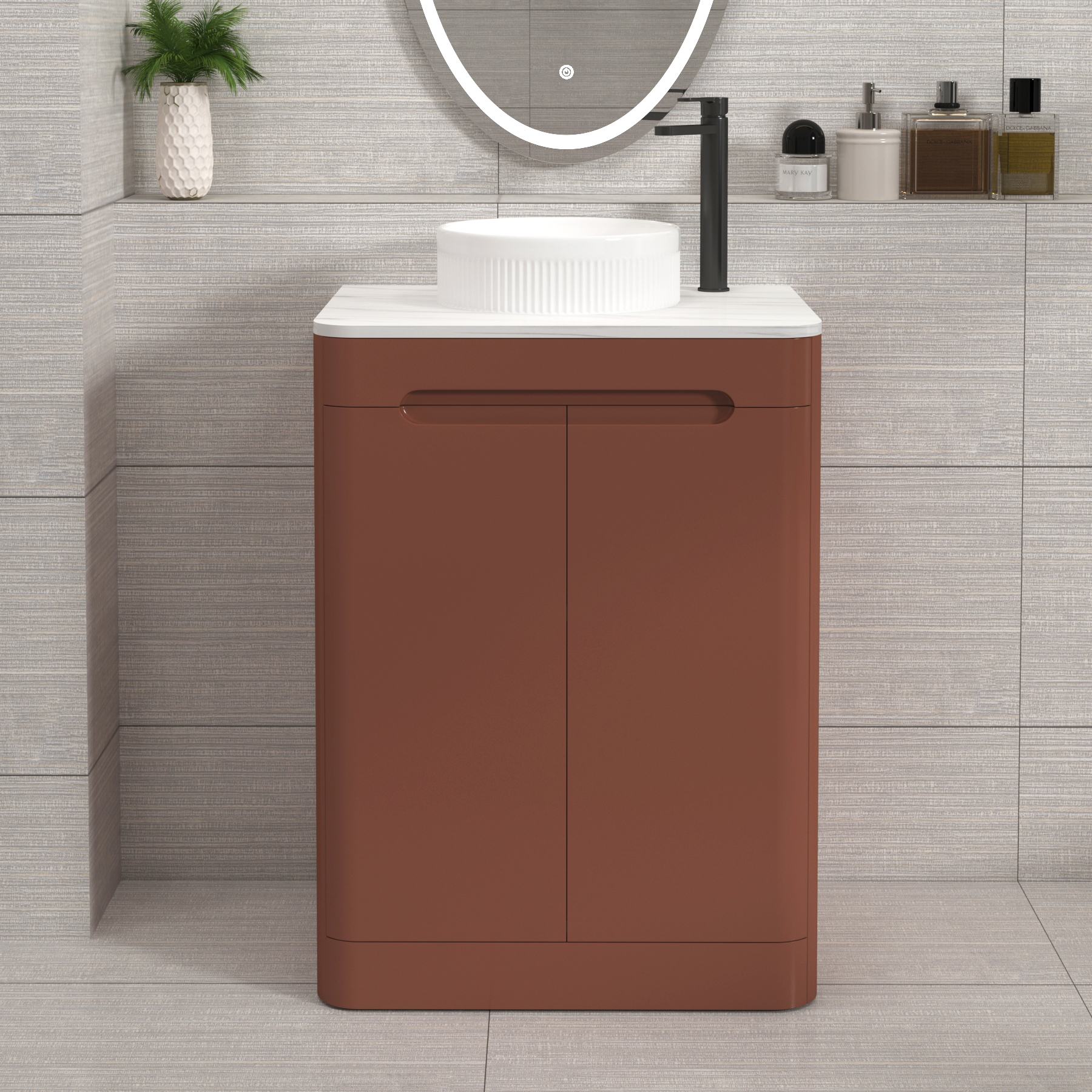 Venice Terracotta Clay 2 Door Floor Standing Vanity Unit with Carrara White Undrilled Worktop & Various Countertop Basins