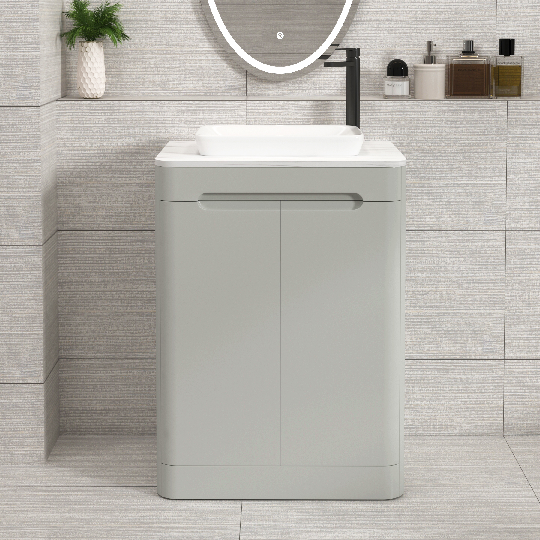 Venice Dove Grey 2 Door Floor Standing Vanity Unit with Carrara White Undrilled Worktop & Various Countertop Basins