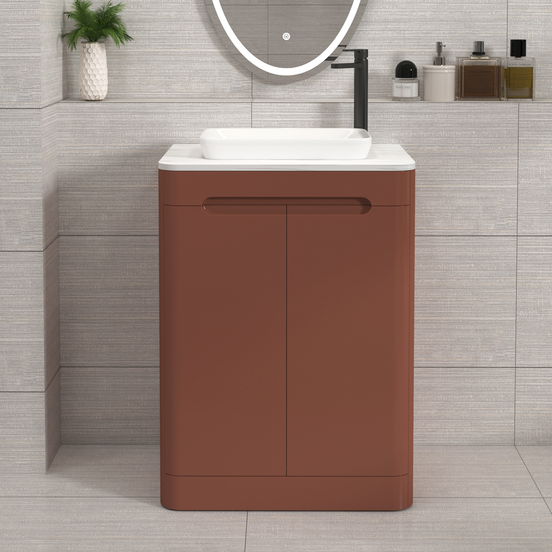 Venice Terracotta Clay 2 Door Floor Standing Vanity Unit with Carrara White Undrilled Worktop & Various Countertop Basins