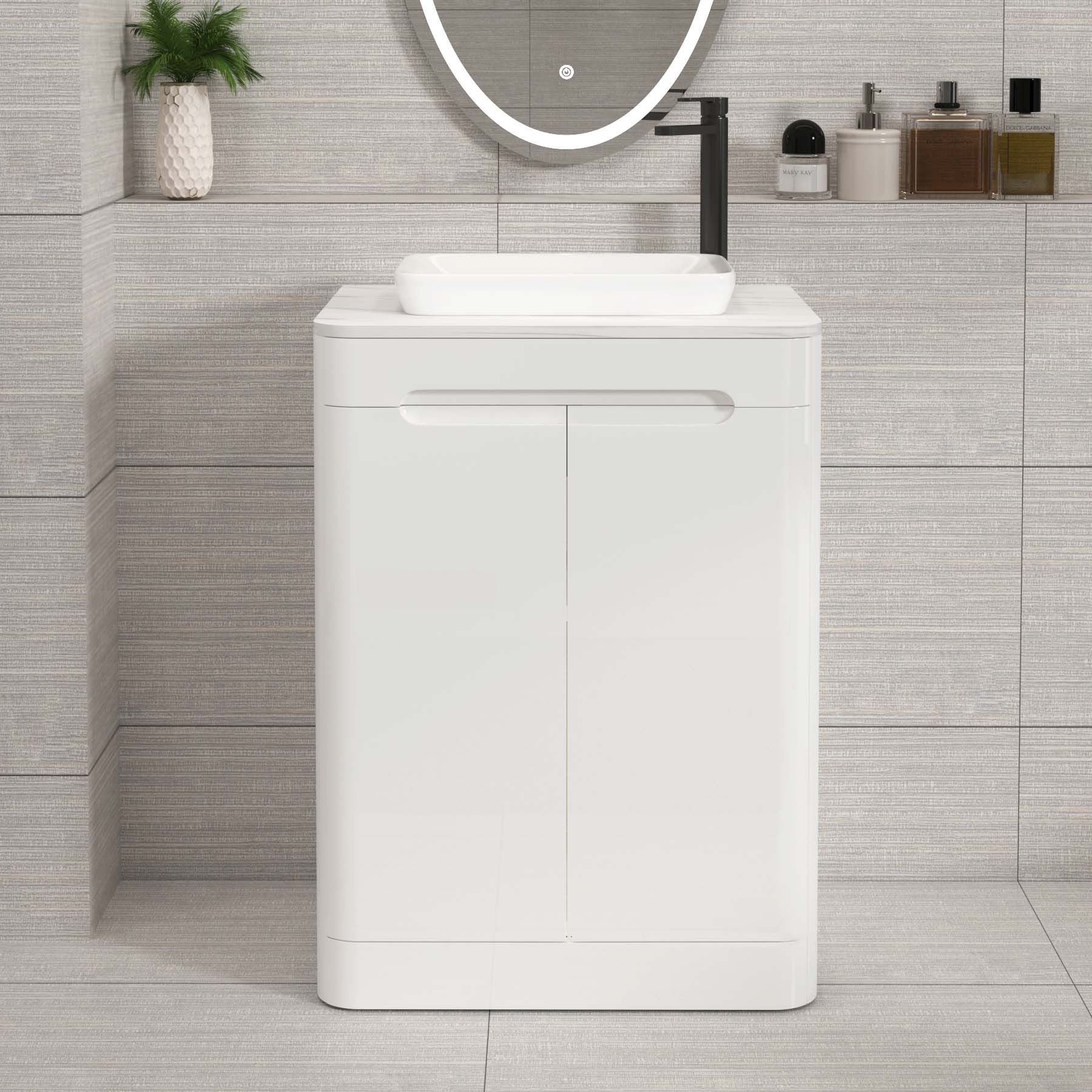 Venice Gloss White 2 Door Floor Standing Vanity Unit with Carrara White Undrilled Worktop & Various Countertop Basins