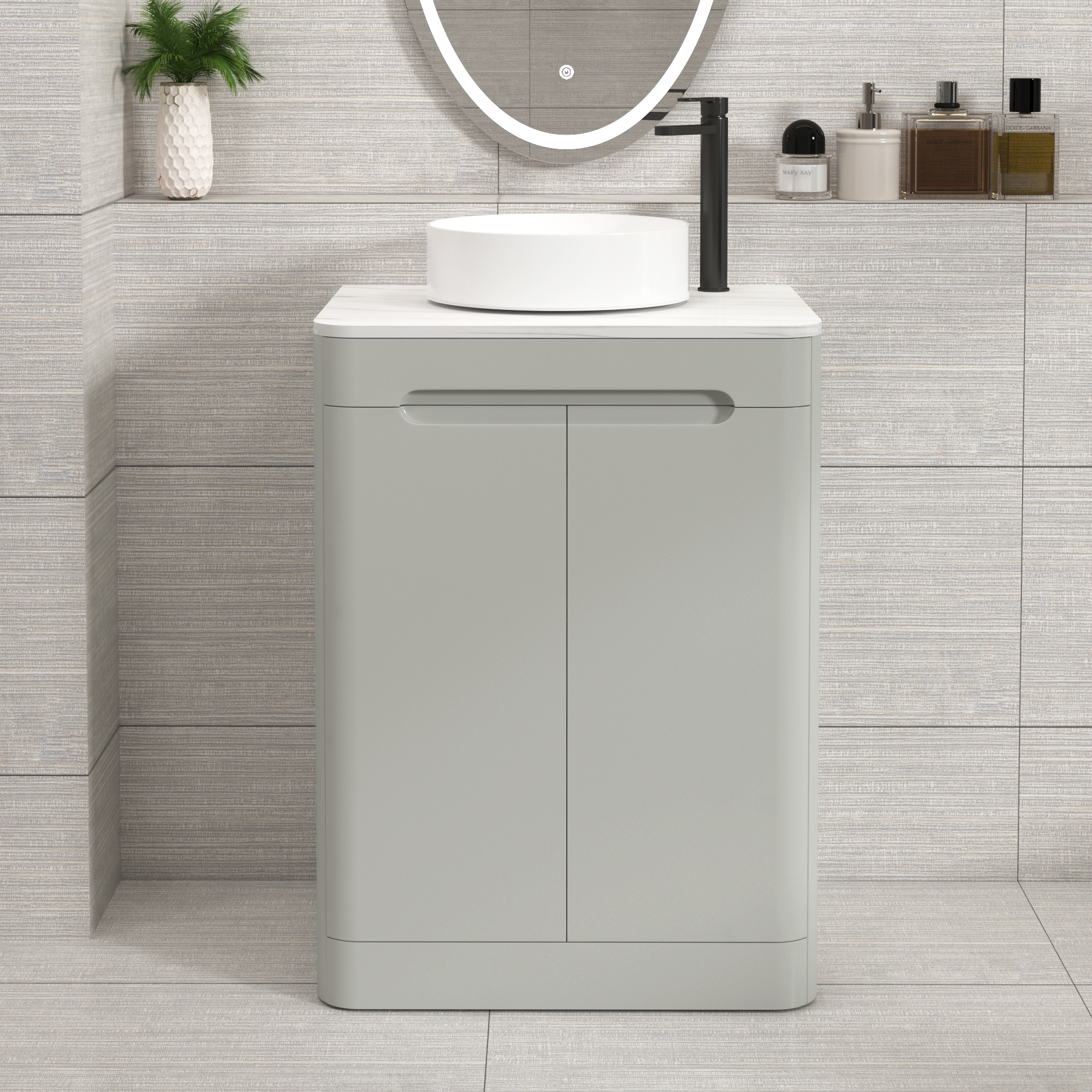 Venice Dove Grey 2 Door Floor Standing Vanity Unit with Carrara White Undrilled Worktop & Various Countertop Basins