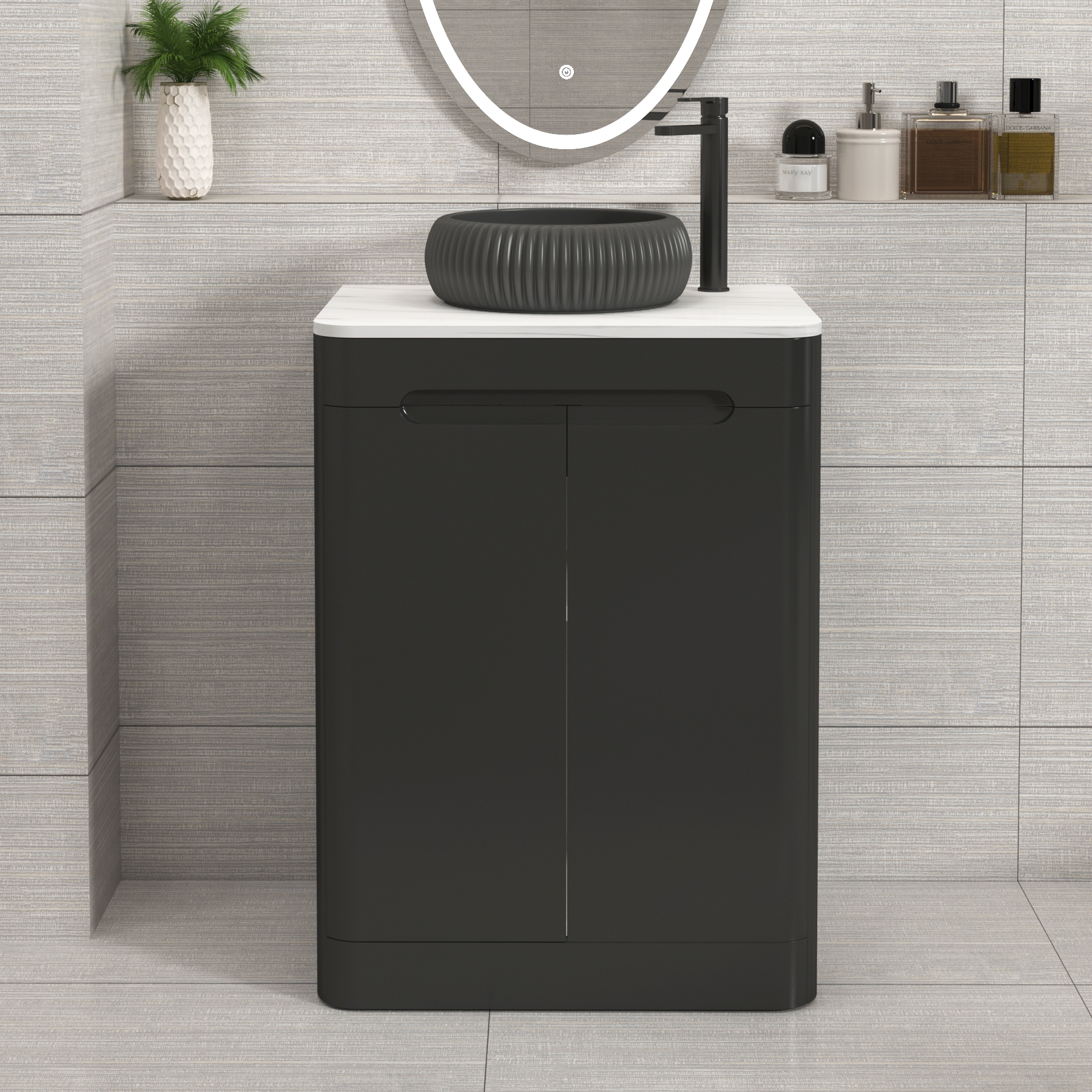 Venice Matt Nocturne Black 2 Door Floor Standing Vanity Unit with Carrara White Undrilled Worktop & Various Countertop Basins