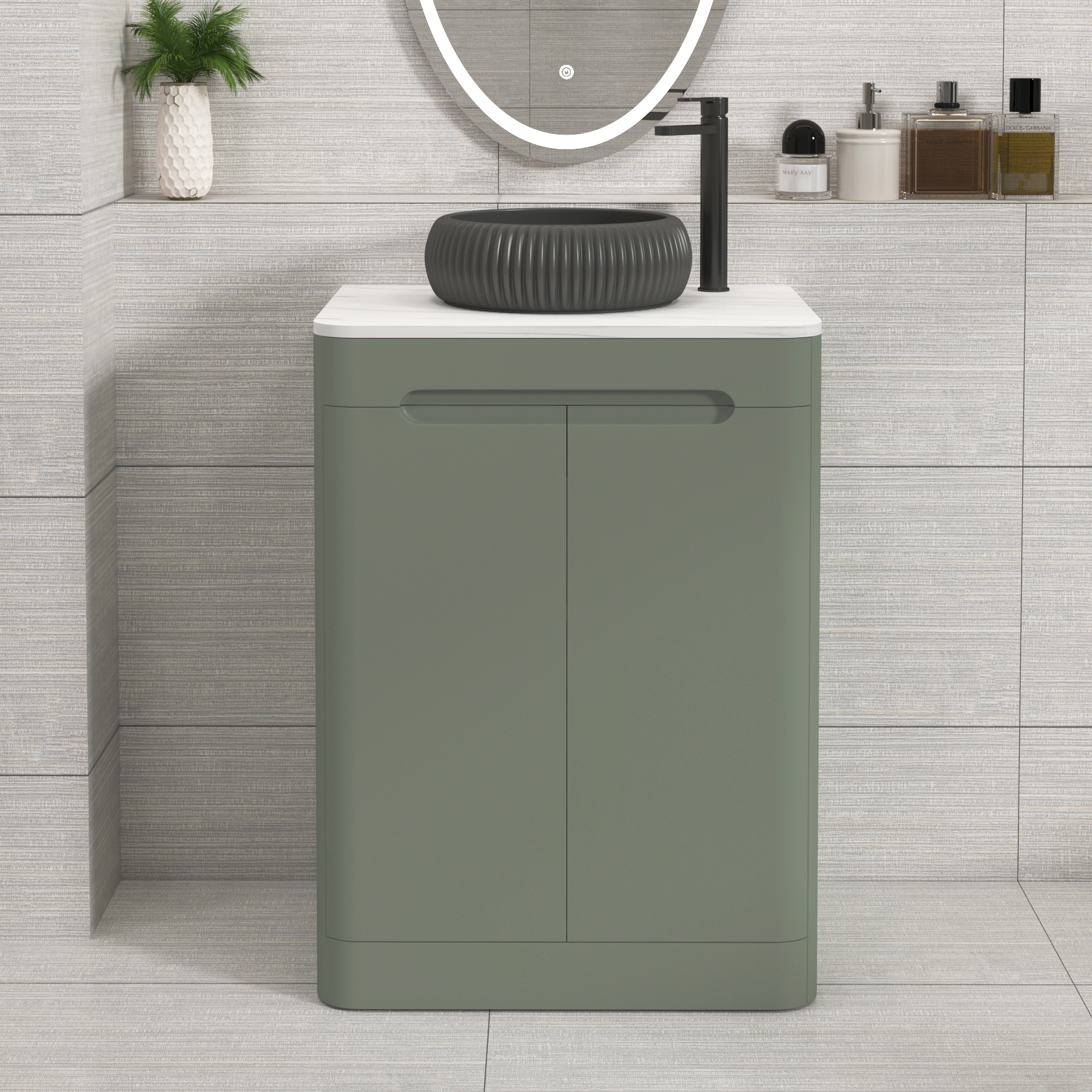 Venice Sage Green 2 Door Floor Standing Vanity Unit with Carrara White Undrilled Worktop & Various Countertop Basins