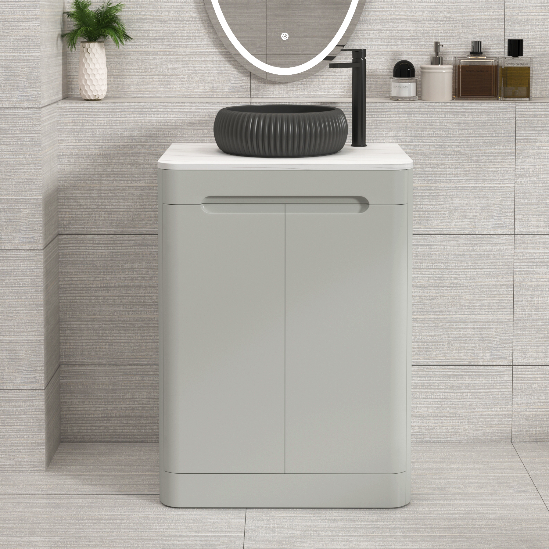 Venice Dove Grey 2 Door Floor Standing Vanity Unit with Carrara White Undrilled Worktop & Various Countertop Basins