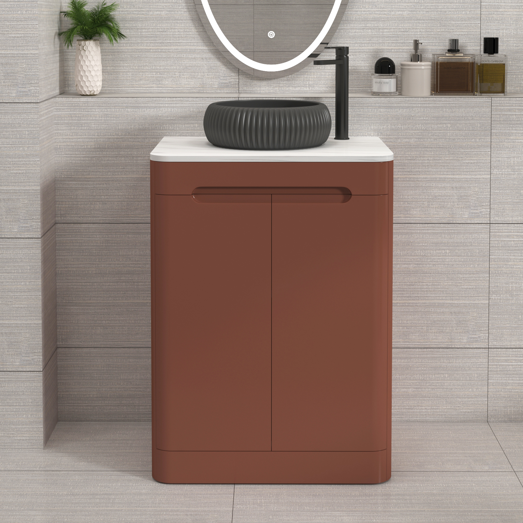 Venice Terracotta Clay 2 Door Floor Standing Vanity Unit with Carrara White Undrilled Worktop & Various Countertop Basins