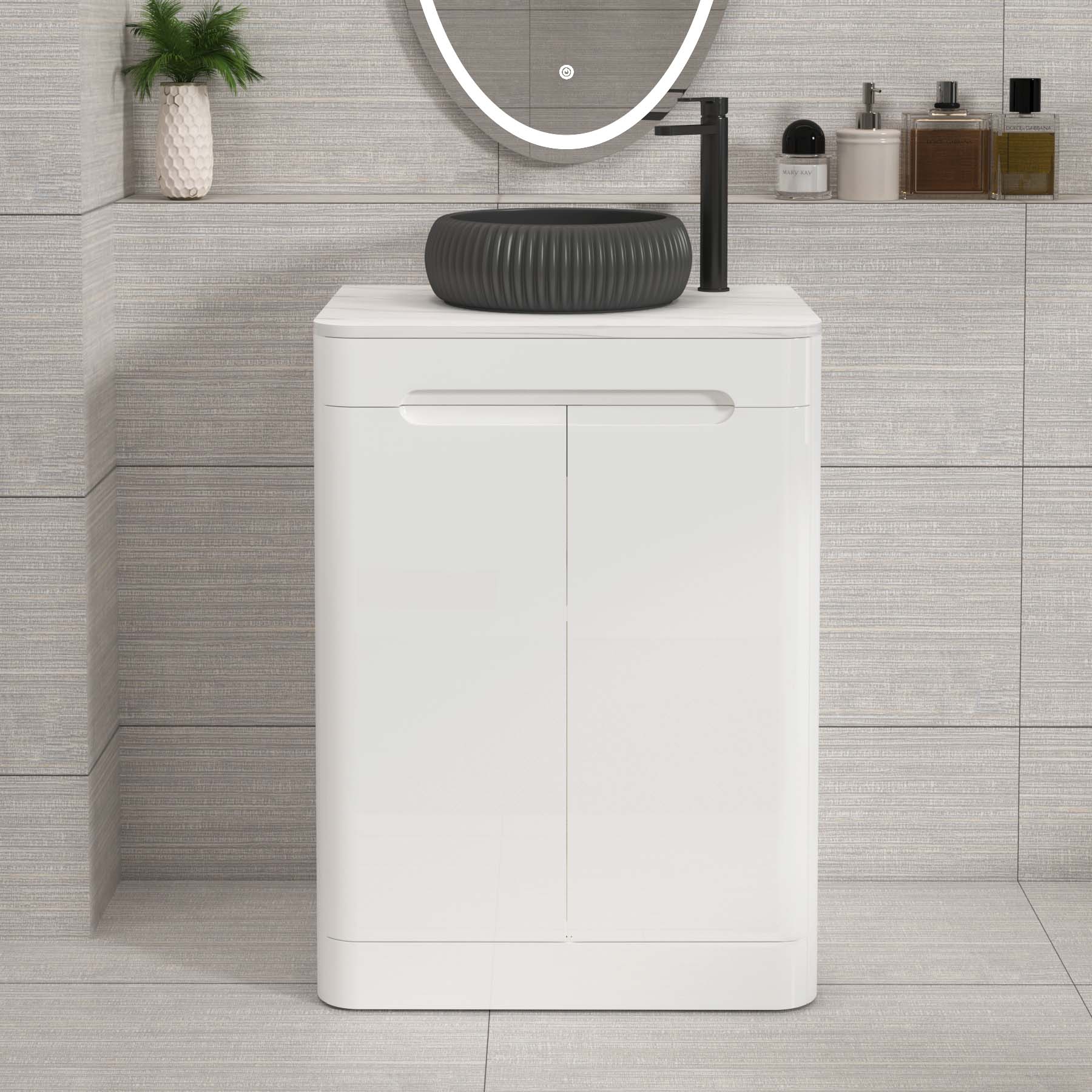 Venice Gloss White 2 Door Floor Standing Vanity Unit with Carrara White Undrilled Worktop & Various Countertop Basins