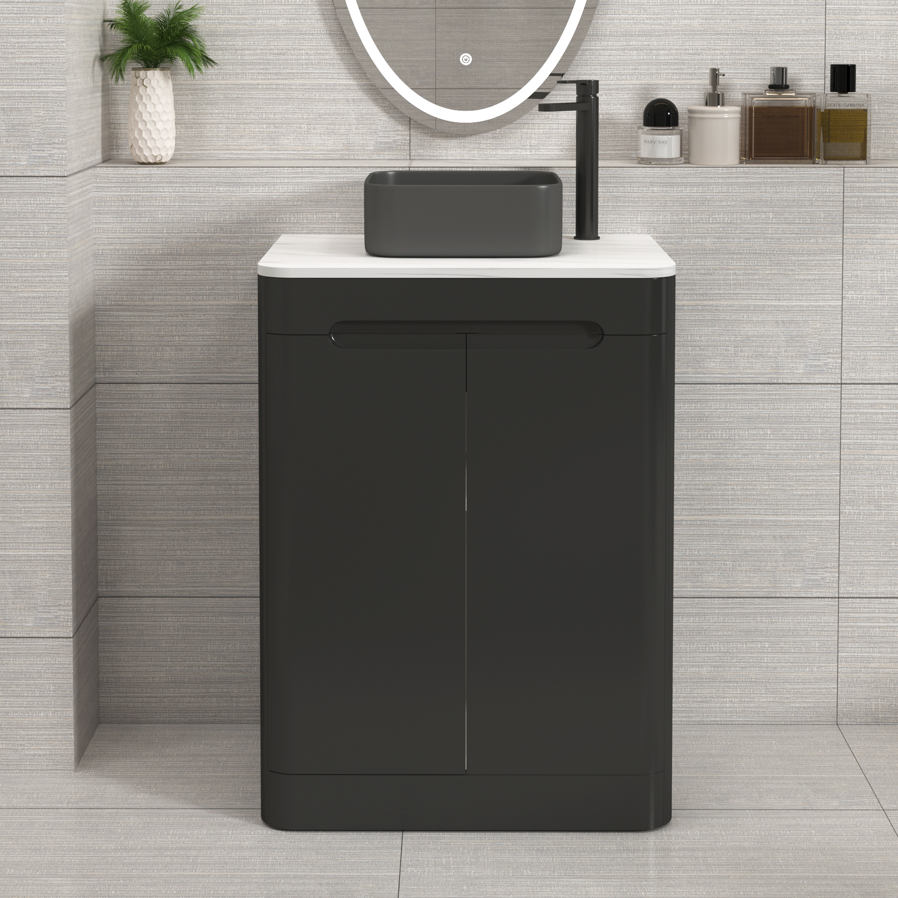 Venice Matt Nocturne Black 2 Door Floor Standing Vanity Unit with Carrara White Undrilled Worktop & Various Countertop Basins