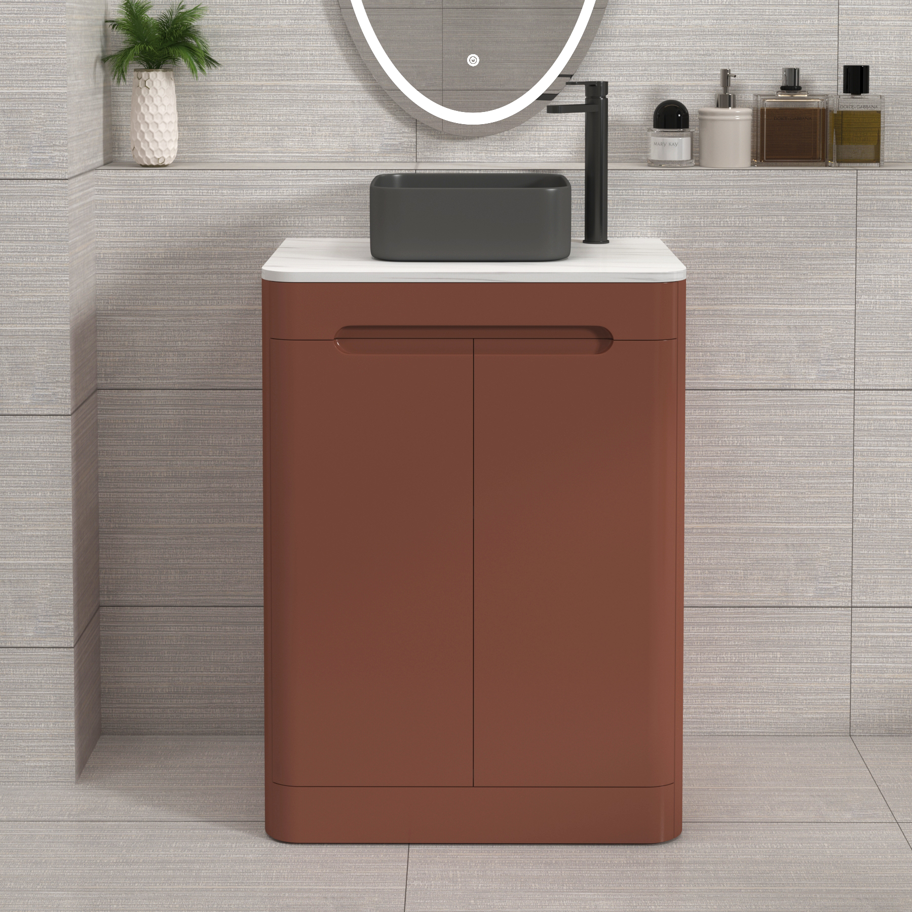 Venice Terracotta Clay 2 Door Floor Standing Vanity Unit with Carrara White Undrilled Worktop & Various Countertop Basins