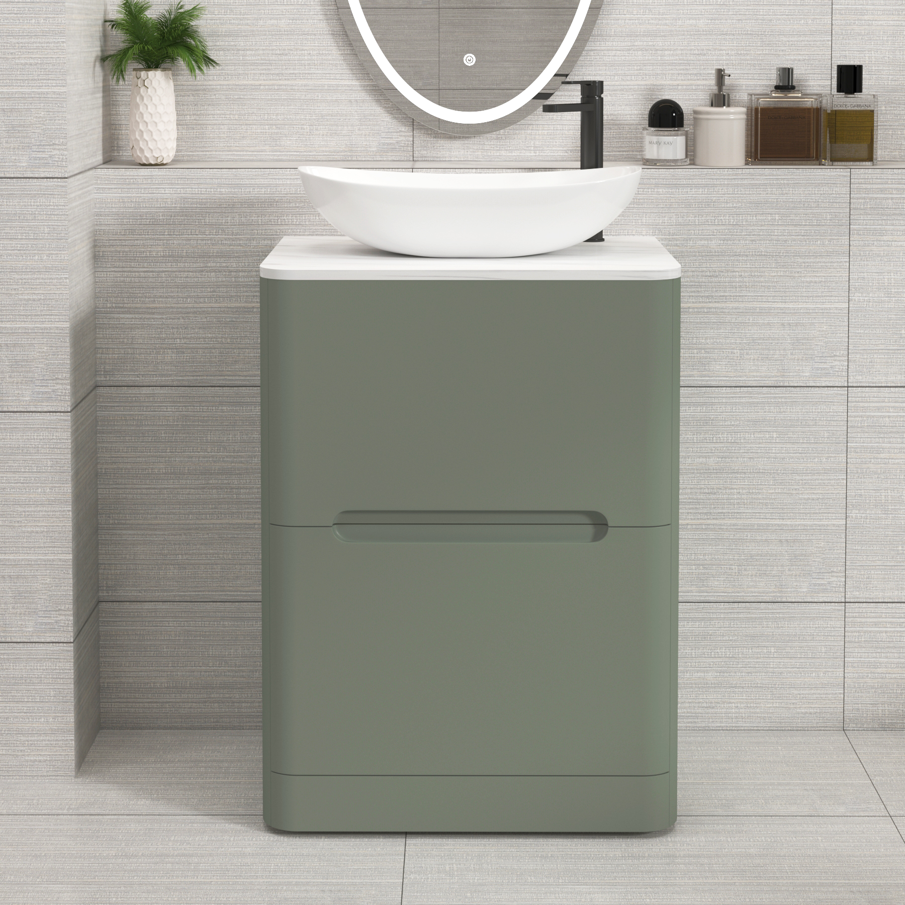 Venice Sage Green 2 Drawer Floor Standing Vanity Unit with Carrara White Undrilled Worktop & Various Countertop Basins