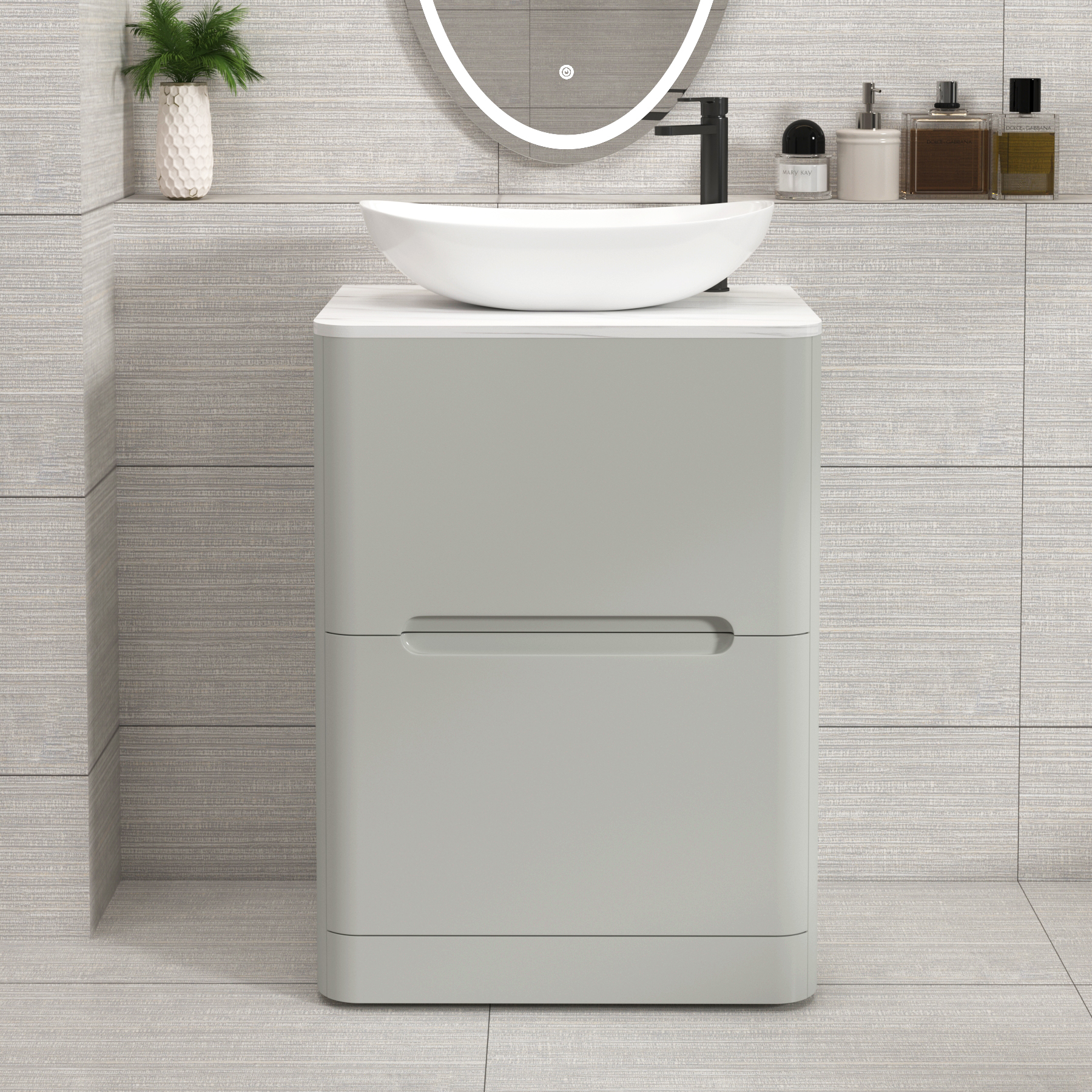Venice Dove Grey 2 Drawer Floor Standing Vanity Unit with Carrara White Undrilled Worktop & Various Countertop Basins