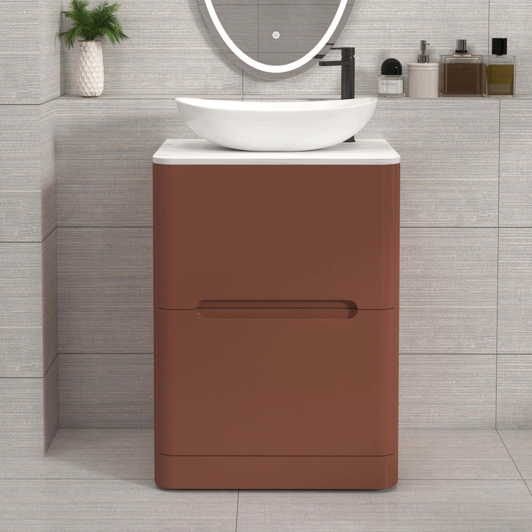 Venice Terracotta Clay 2 Drawer Floor Standing Vanity Unit with Carrara White Undrilled Worktop & Various Countertop Basins