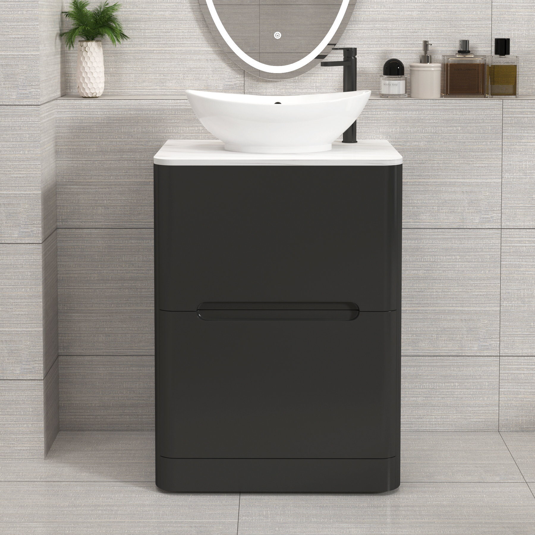 Venice Matt Nocturne Black 2 Drawer Floor Standing Vanity Unit with Carrara White Undrilled Worktop & Various Countertop Basins