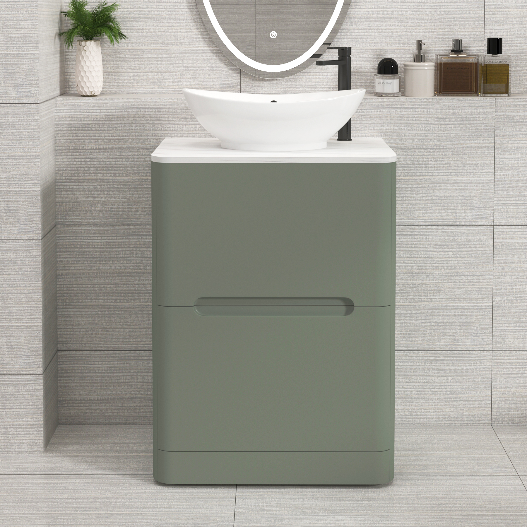 Venice Sage Green 2 Drawer Floor Standing Vanity Unit with Carrara White Undrilled Worktop & Various Countertop Basins