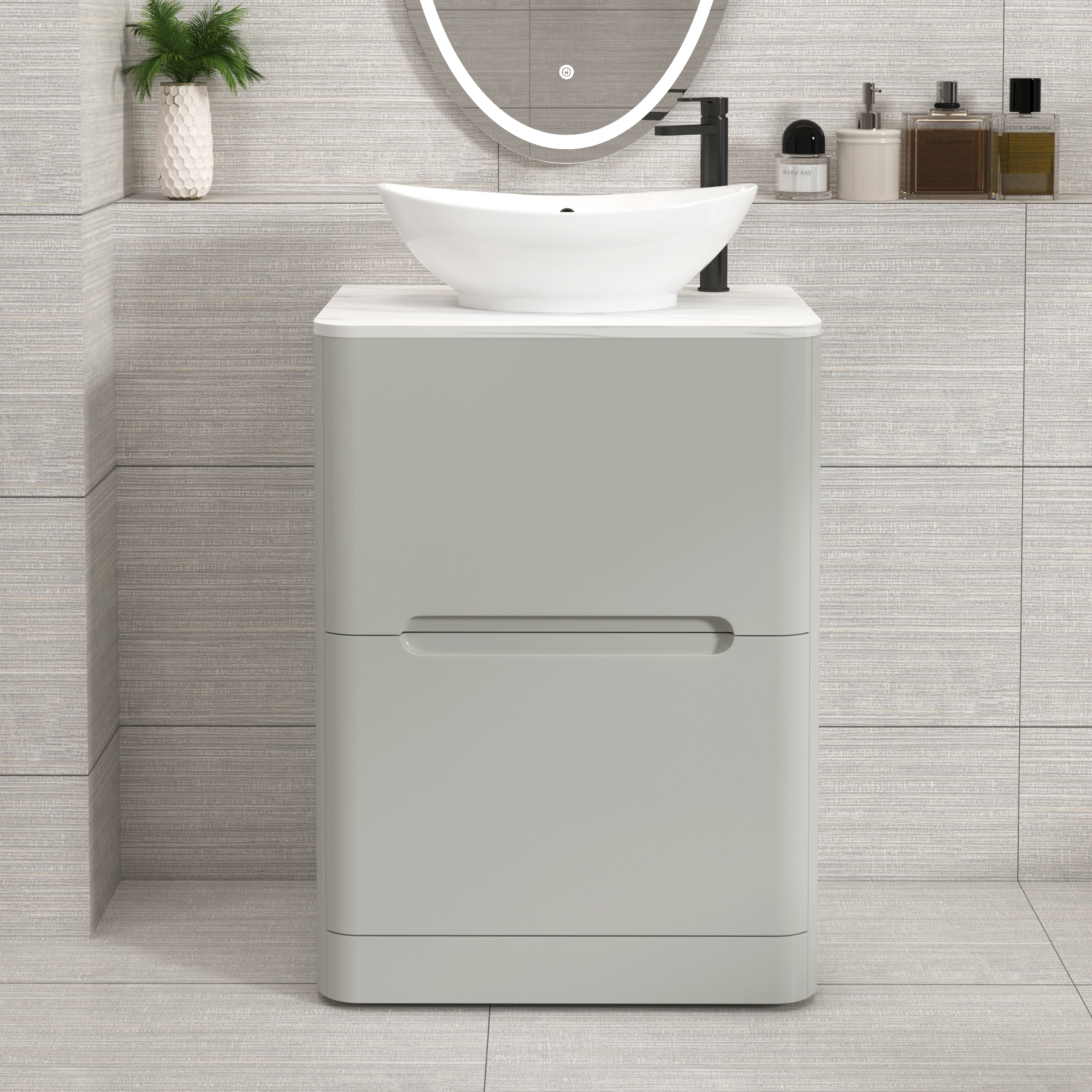 Venice Dove Grey 2 Drawer Floor Standing Vanity Unit with Carrara White Undrilled Worktop & Various Countertop Basins