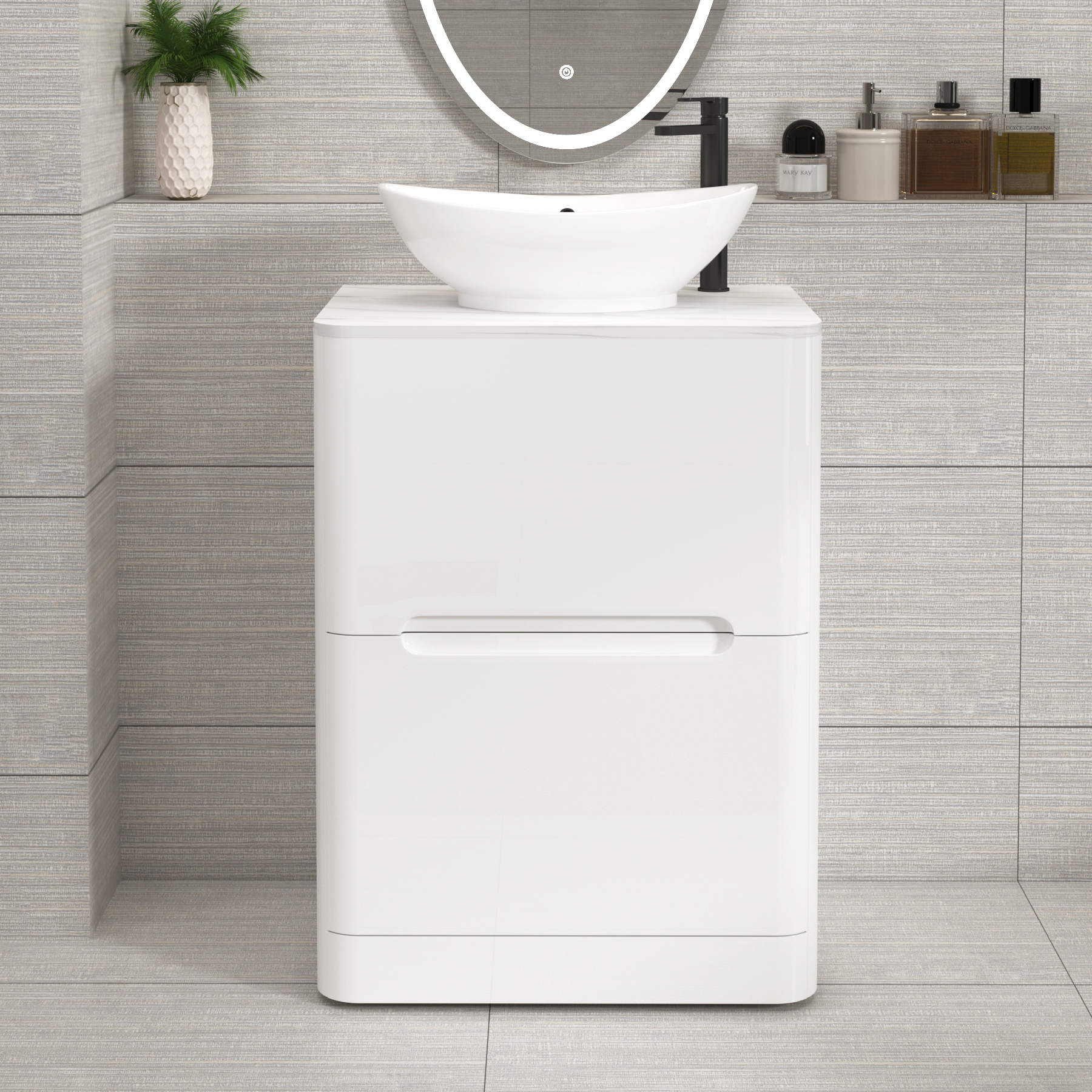 Venice Gloss White 2 Drawer Floor Standing Vanity Unit with Carrara White Undrilled Worktop & Various Countertop Basins