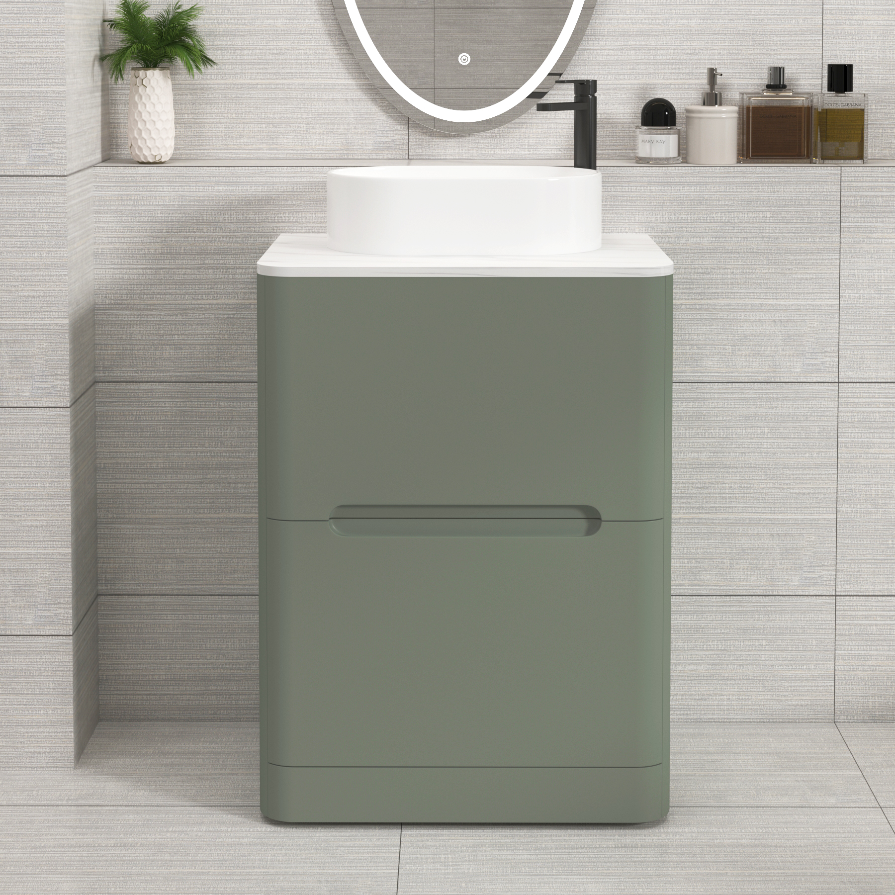 Venice Sage Green 2 Drawer Floor Standing Vanity Unit with Carrara White Undrilled Worktop & Various Countertop Basins