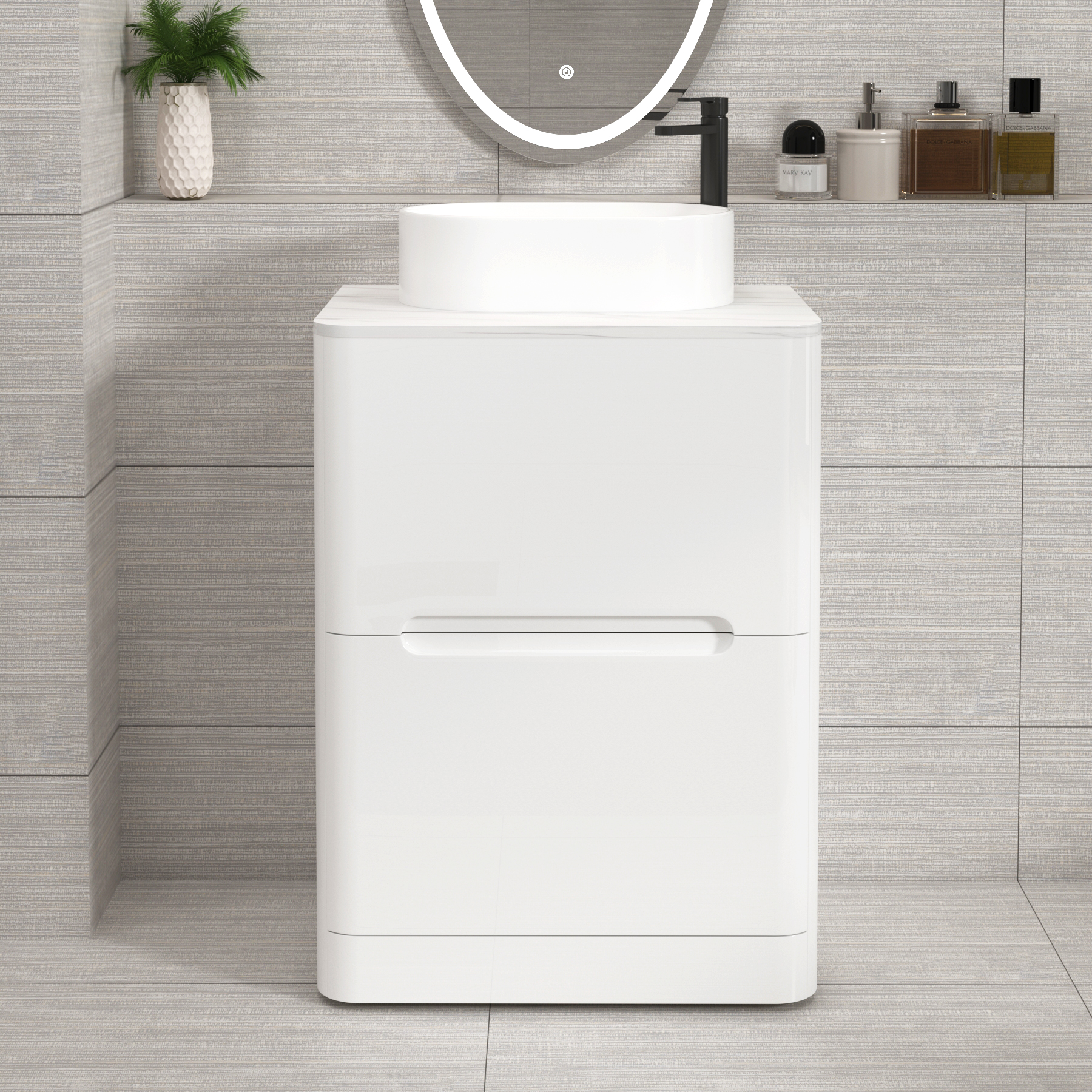Venice Gloss White 2 Drawer Floor Standing Vanity Unit with Carrara White Undrilled Worktop & Various Countertop Basins