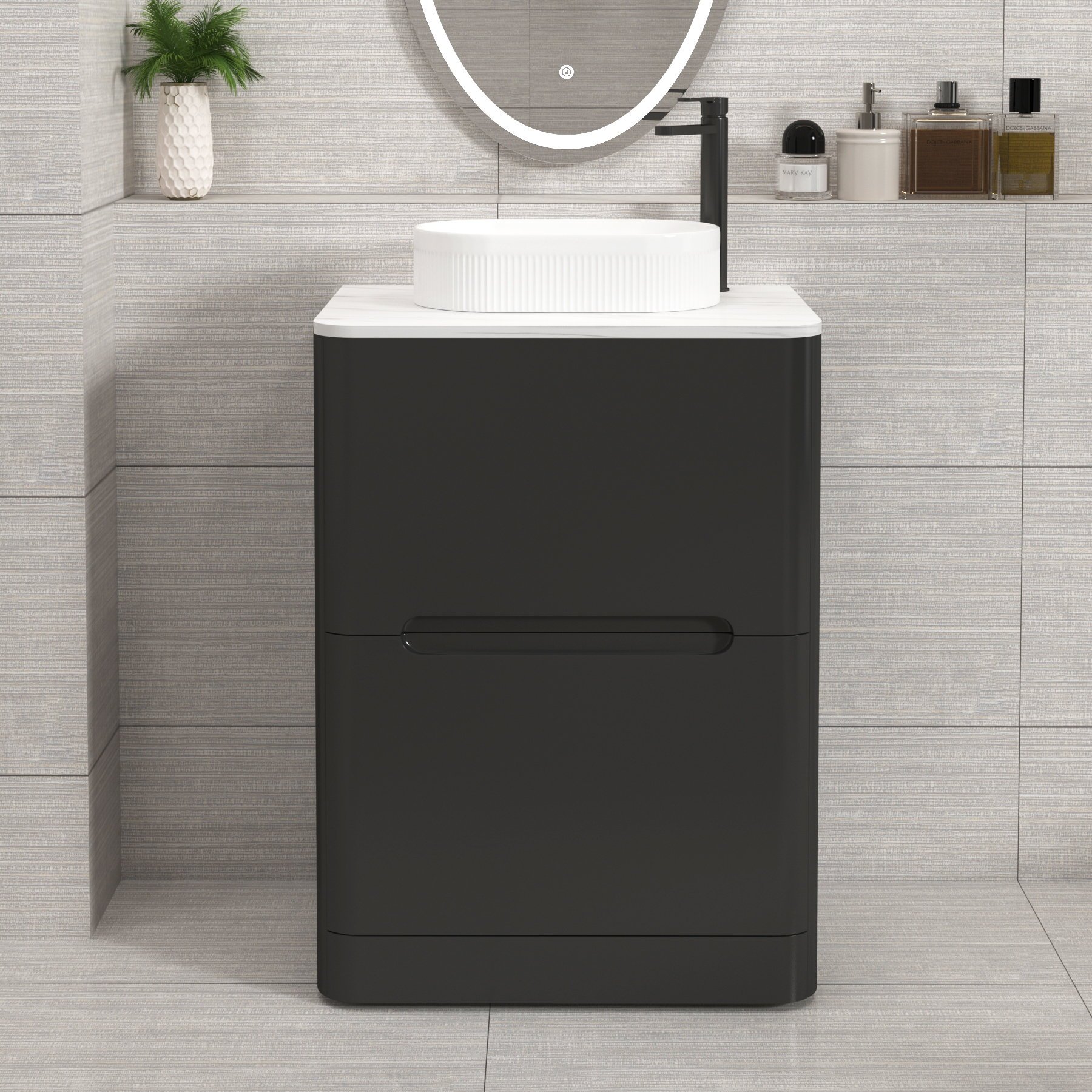 Venice Matt Nocturne Black 2 Drawer Floor Standing Vanity Unit with Carrara White Undrilled Worktop & Various Countertop Basins