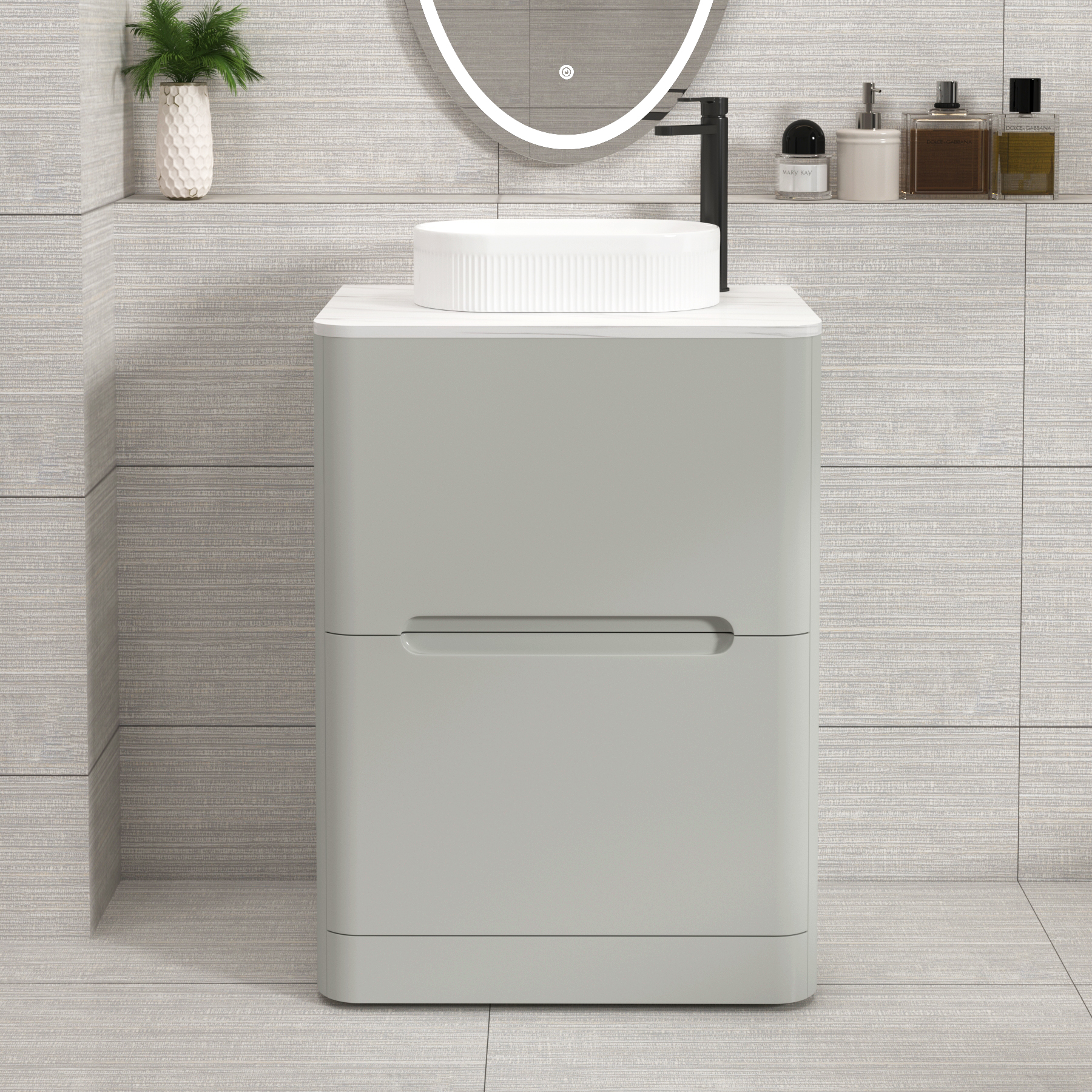 Venice Dove Grey 2 Drawer Floor Standing Vanity Unit with Carrara White Undrilled Worktop & Various Countertop Basins
