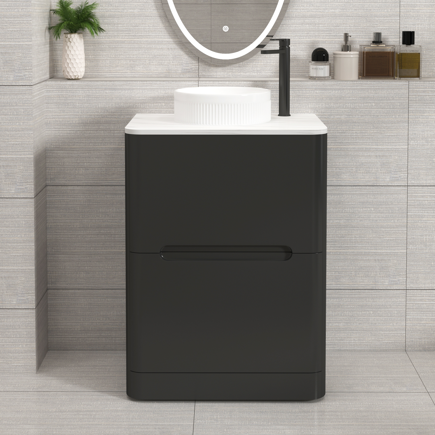 Venice Matt Nocturne Black 2 Drawer Floor Standing Vanity Unit with Carrara White Undrilled Worktop & Various Countertop Basins