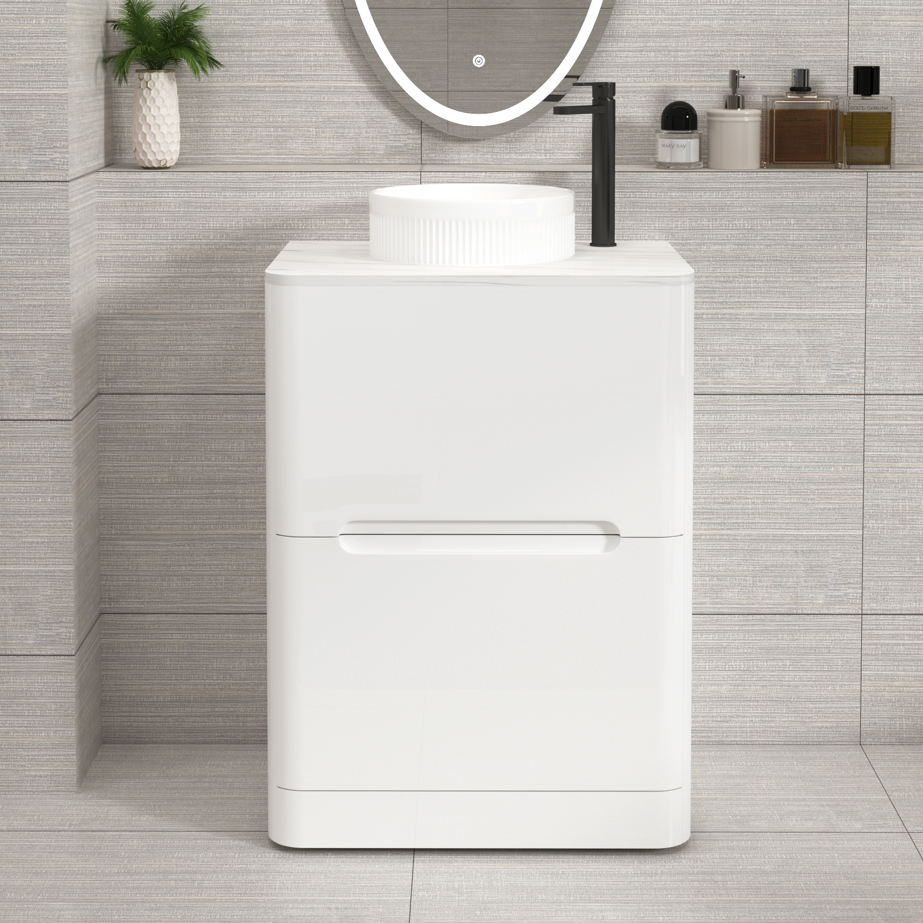 Venice Gloss White 2 Drawer Floor Standing Vanity Unit with Carrara White Undrilled Worktop & Various Countertop Basins