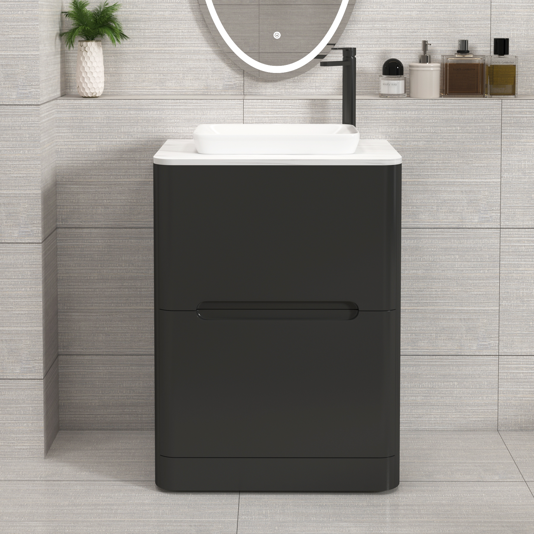 Venice Matt Nocturne Black 2 Drawer Floor Standing Vanity Unit with Carrara White Undrilled Worktop & Various Countertop Basins