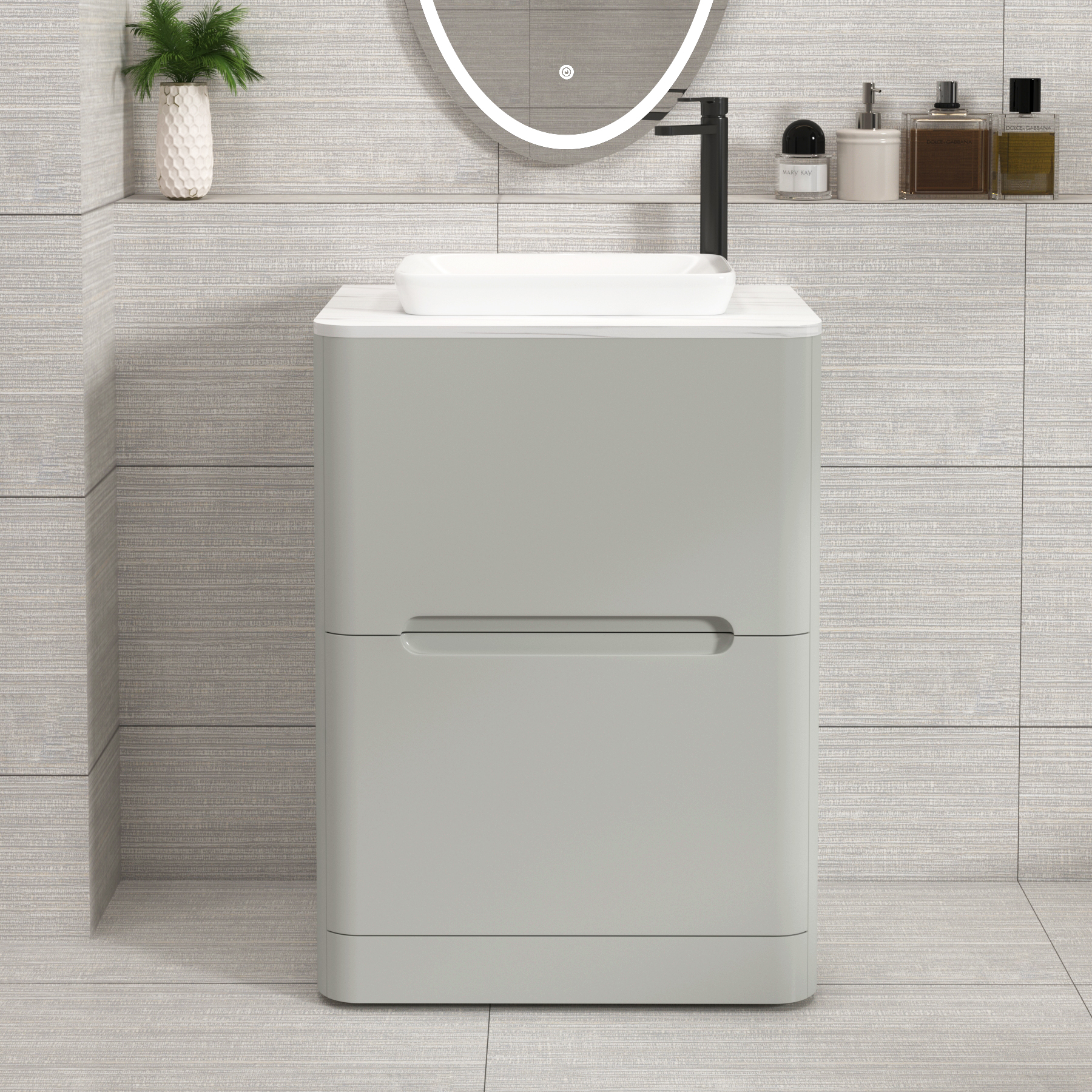 Venice Dove Grey 2 Drawer Floor Standing Vanity Unit with Carrara White Undrilled Worktop & Various Countertop Basins