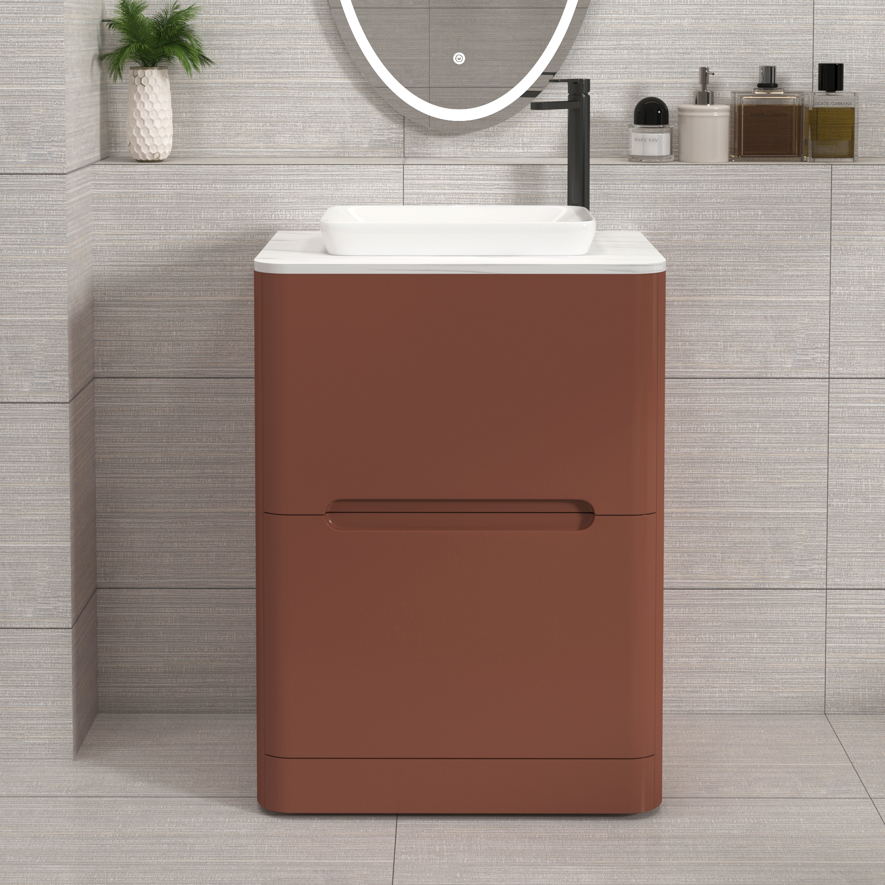 Venice Terracotta Clay 2 Drawer Floor Standing Vanity Unit with Carrara White Undrilled Worktop & Various Countertop Basins