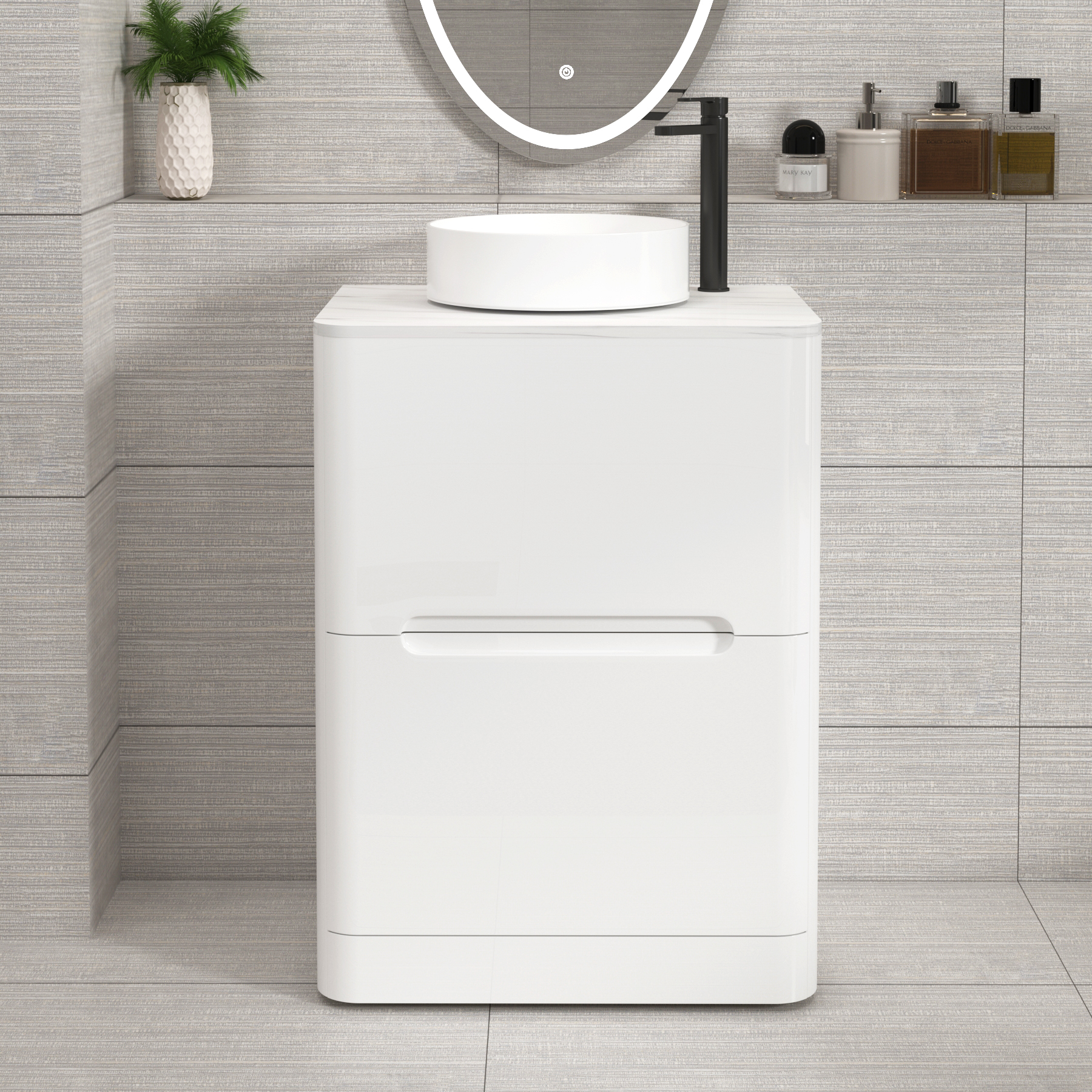 Venice Gloss White 2 Drawer Floor Standing Vanity Unit with Carrara White Undrilled Worktop & Various Countertop Basins