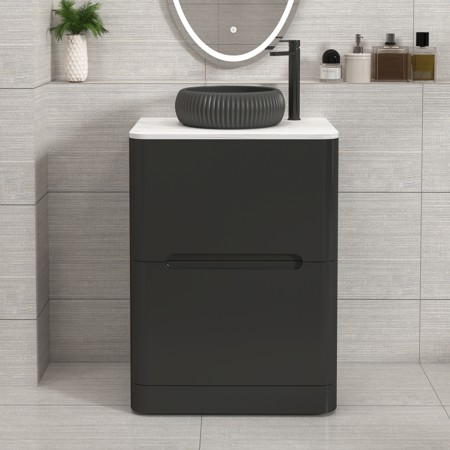 Venice Matt Nocturne Black 2 Drawer Floor Standing Vanity Unit with Carrara White Undrilled Worktop & Various Countertop Basins