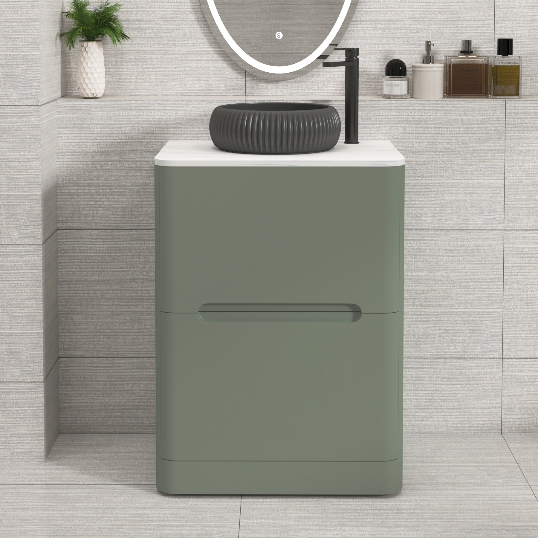 Venice Sage Green 2 Drawer Floor Standing Vanity Unit with Carrara White Undrilled Worktop & Various Countertop Basins
