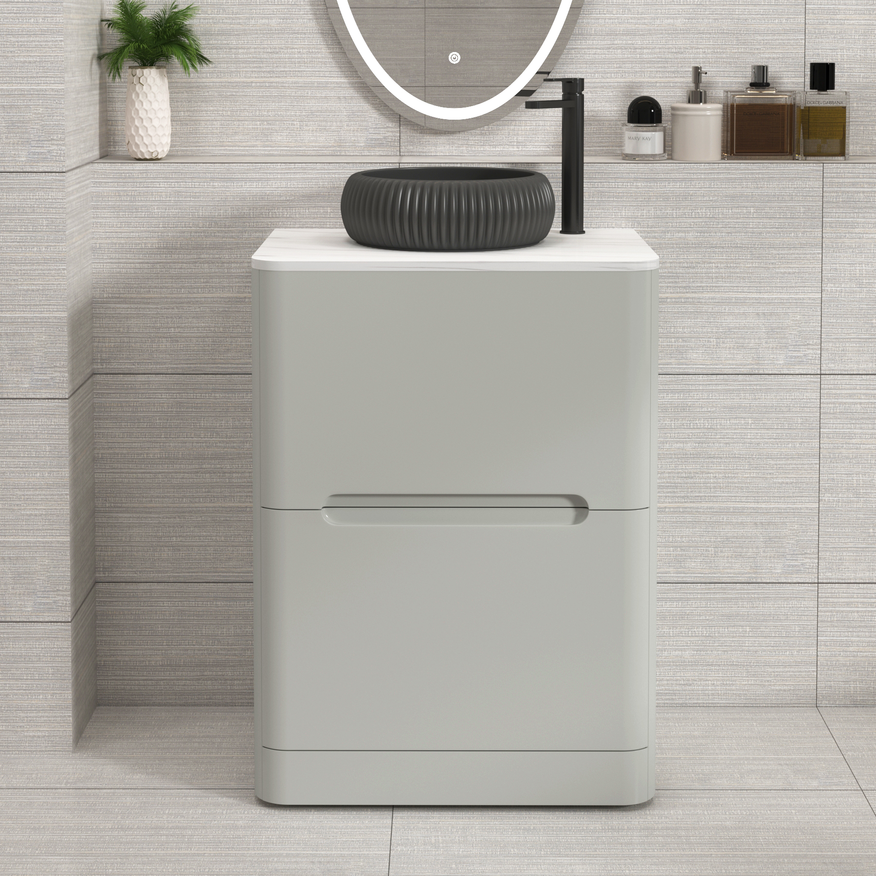 Venice Dove Grey 2 Drawer Floor Standing Vanity Unit with Carrara White Undrilled Worktop & Various Countertop Basins