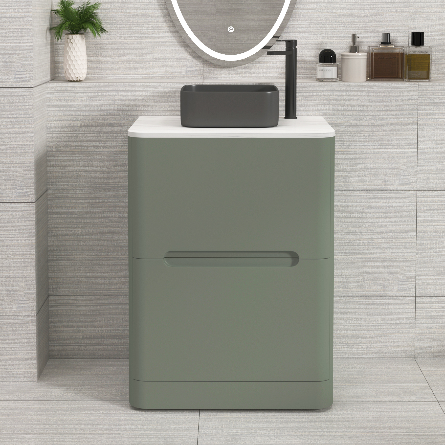Venice Sage Green 2 Drawer Floor Standing Vanity Unit with Carrara White Undrilled Worktop & Various Countertop Basins